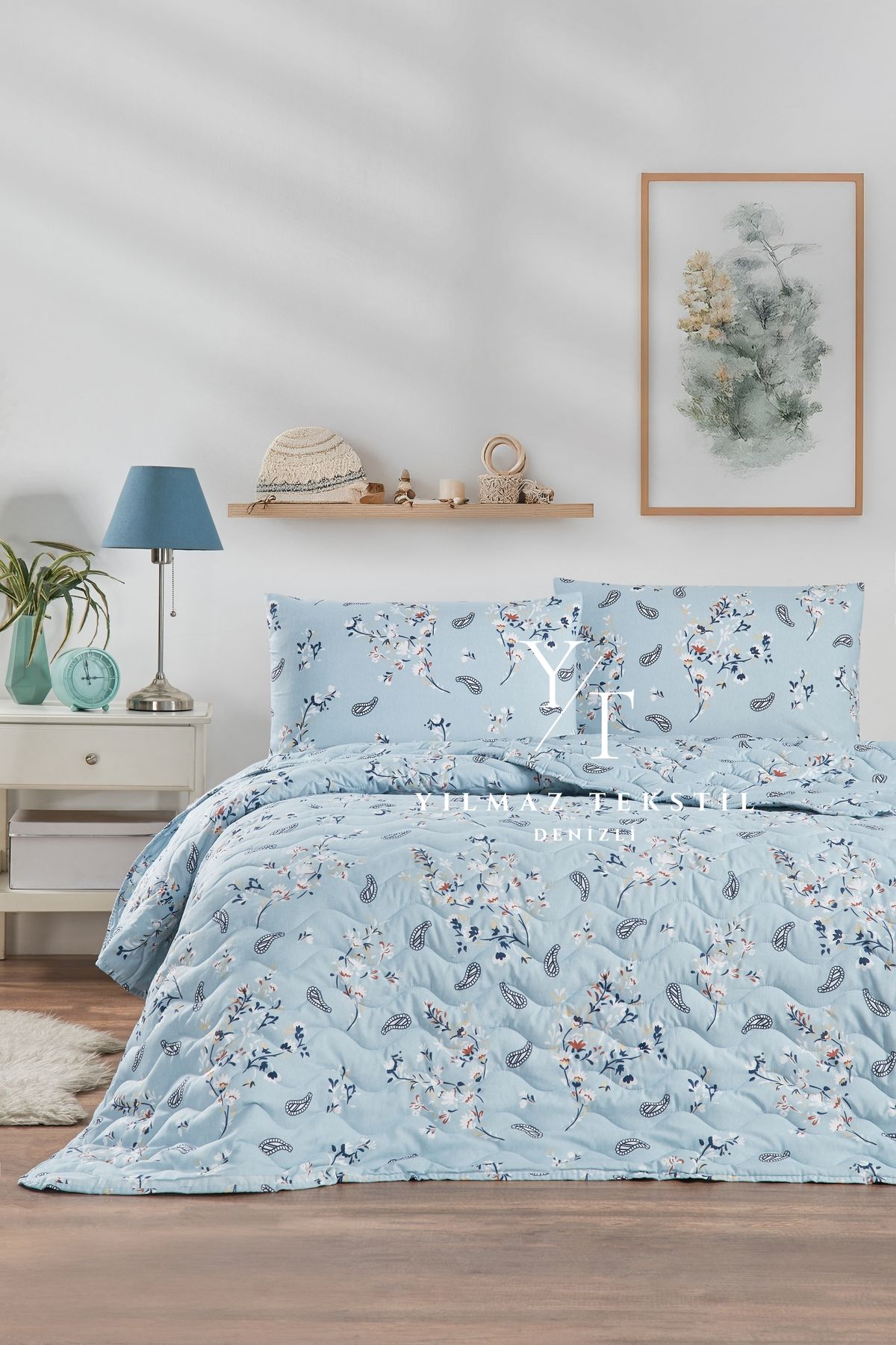 Home Çift Kişilik Yatak Örtüsü 200x220 | 2 Adet Yastık Kılıfı 50x70 | Çeyiz Seti | Çeyiz Takımı | Mavi