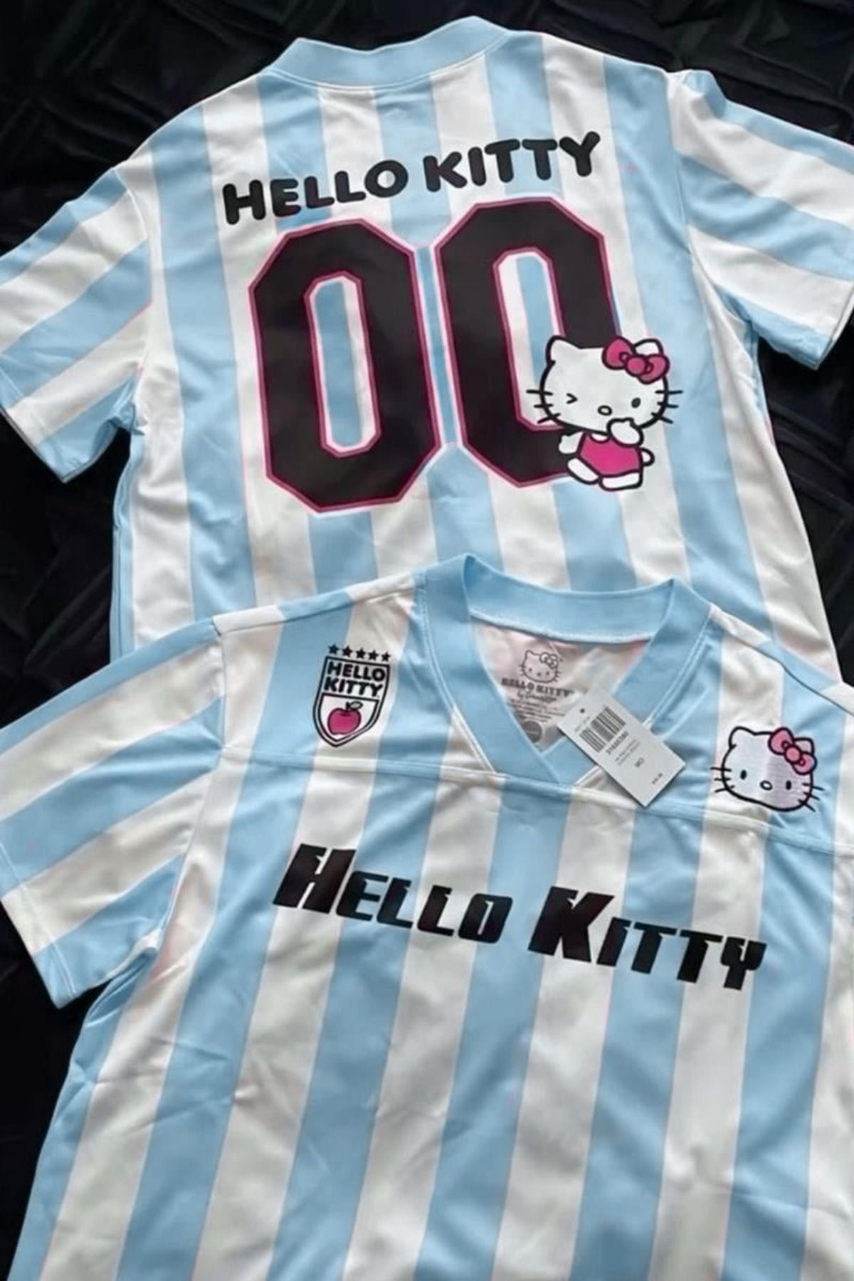 Touz Moda Pembe Beyaz V Yaka Çubuklu Jersey Kitty T-Shirt