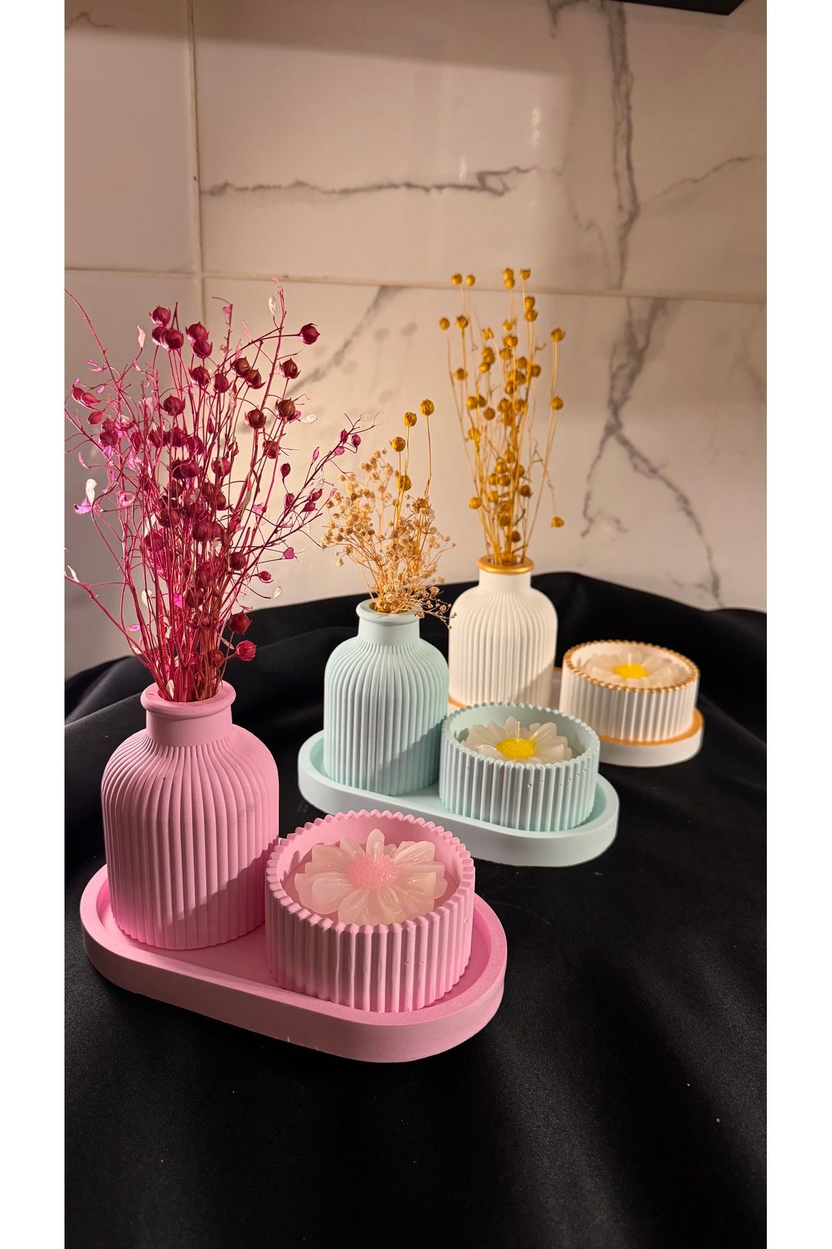 Yasminncandle Dekoratif Stantlı Beyaz Çizgili Vazo Ve Dekoratif Kase Set,Hediyelik Set