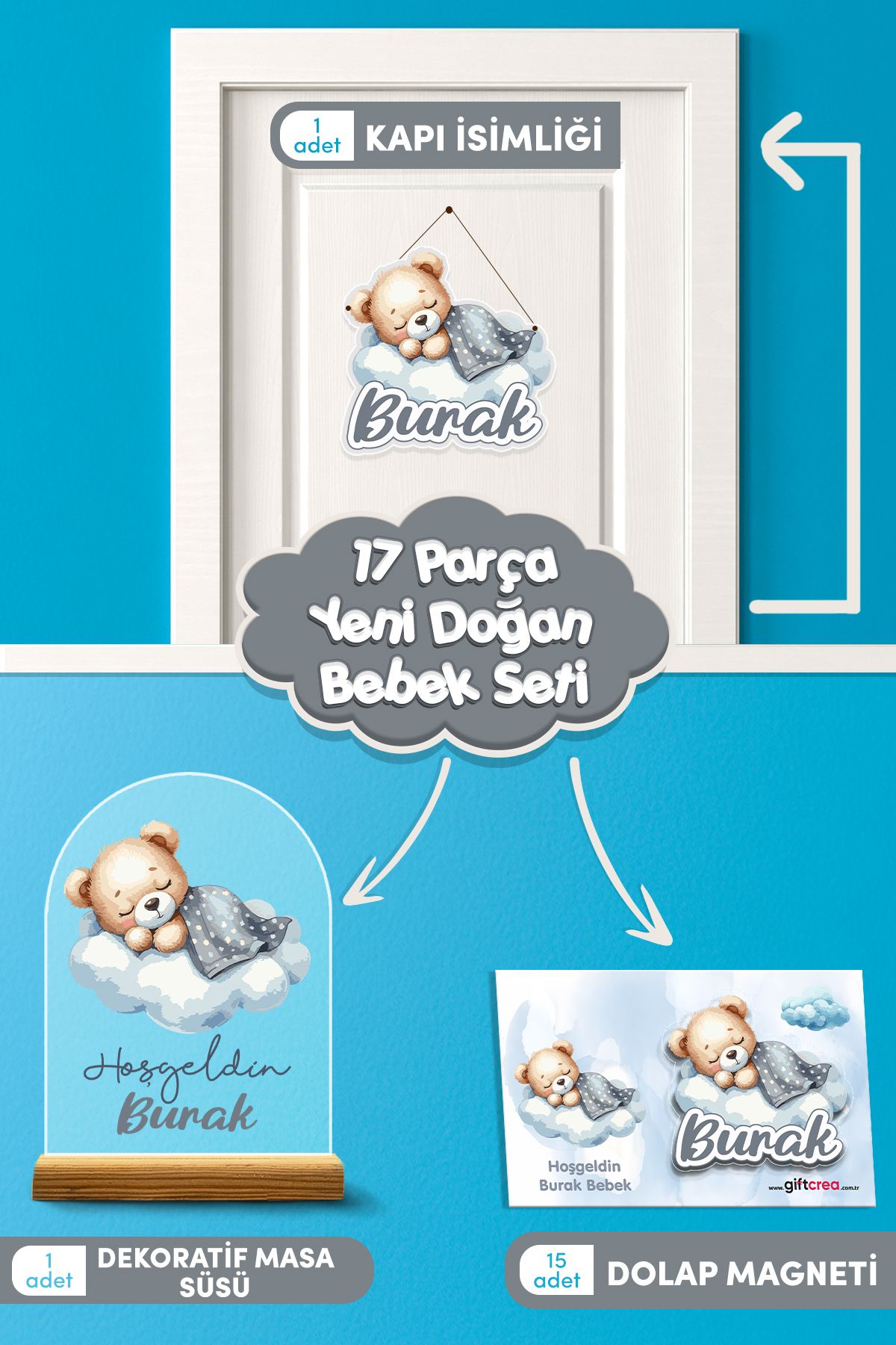 giftcrea Kişiye Özel Uyuyan Ayıcık Temalı 17 Parça Yenidoğan Süs Seti - Kapı Süsü, Masa Süsü, Magnet