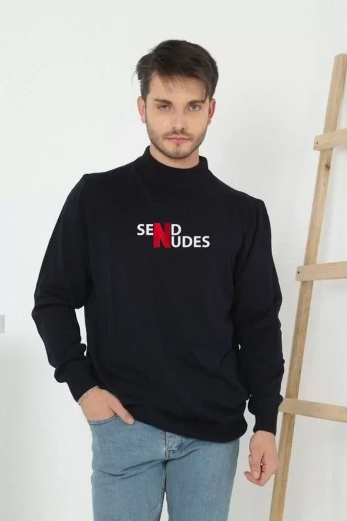 Silerra Unisex Yarım Boğazlı Baskılı Dokuma Triko - Siyah