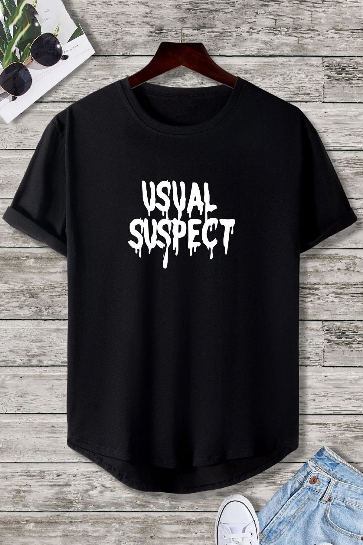 ELNOYA Unisex Yazlık Streetwear Siyah Suspect Tasarım Tshirt