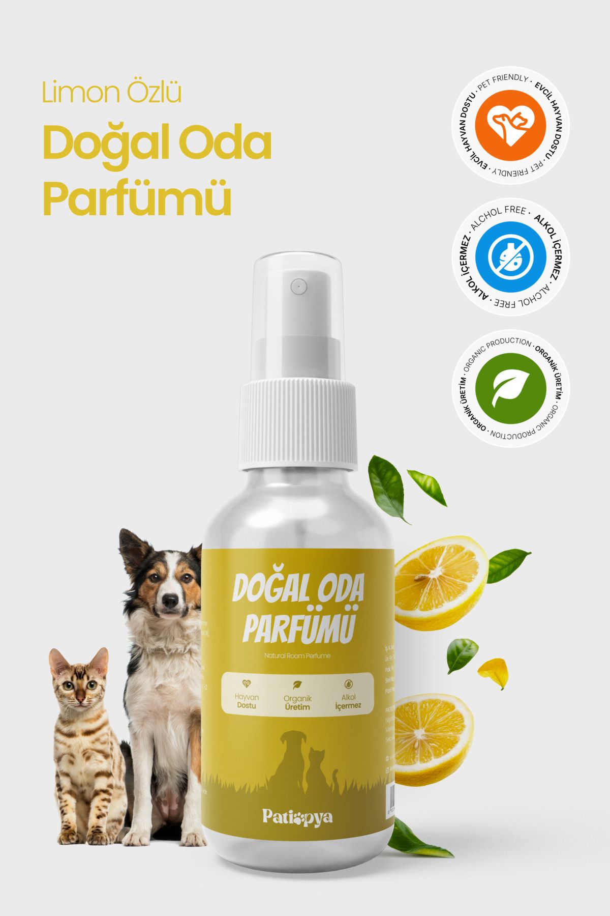 patiopya Kedi Kumu Ve Tuvaleti Koku Giderici, Oda Parfümü Limon Özlü -120ml