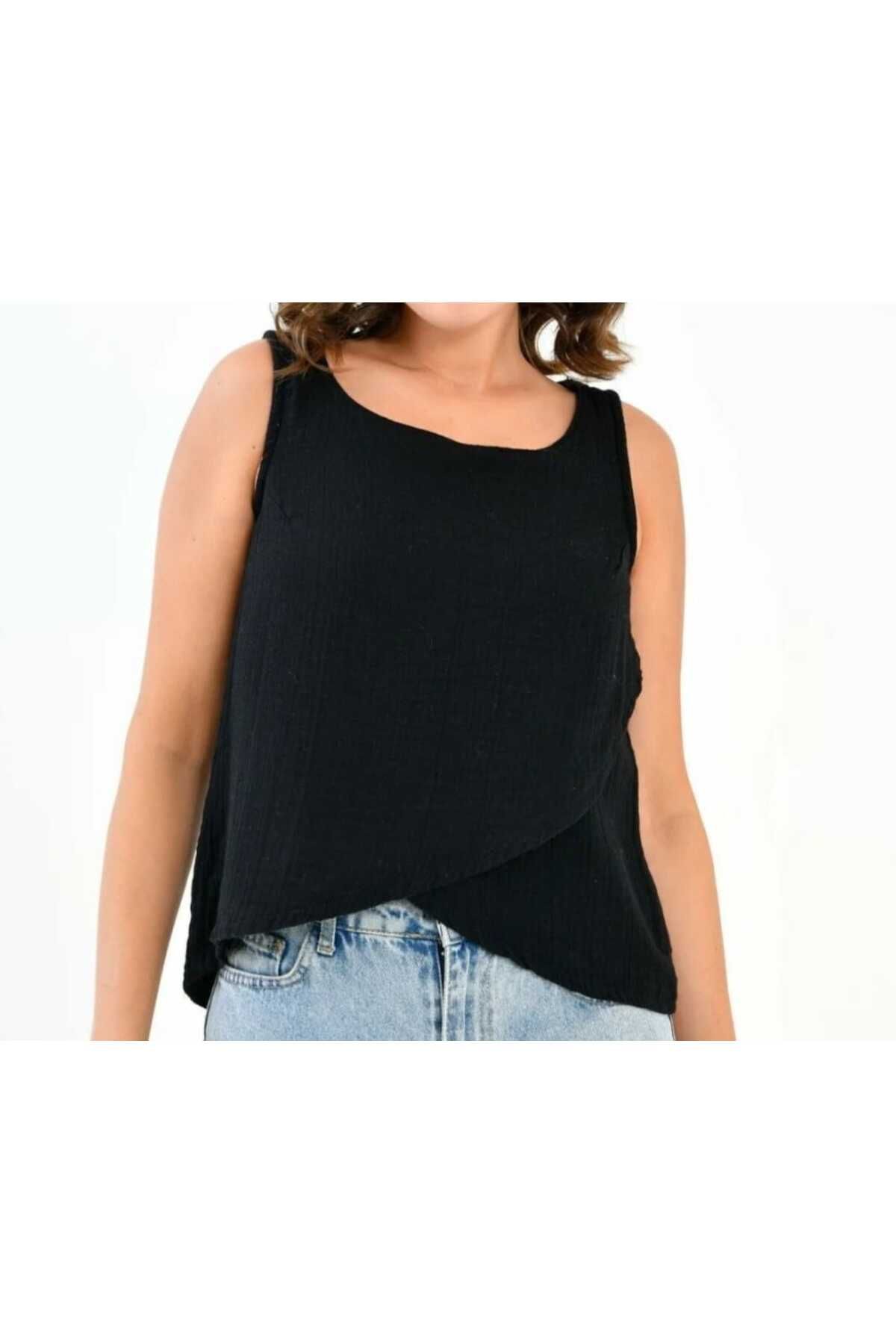 MODA Kadın Kolsuz Arkadan Düğmeli Eteği Asimetrik Bluz