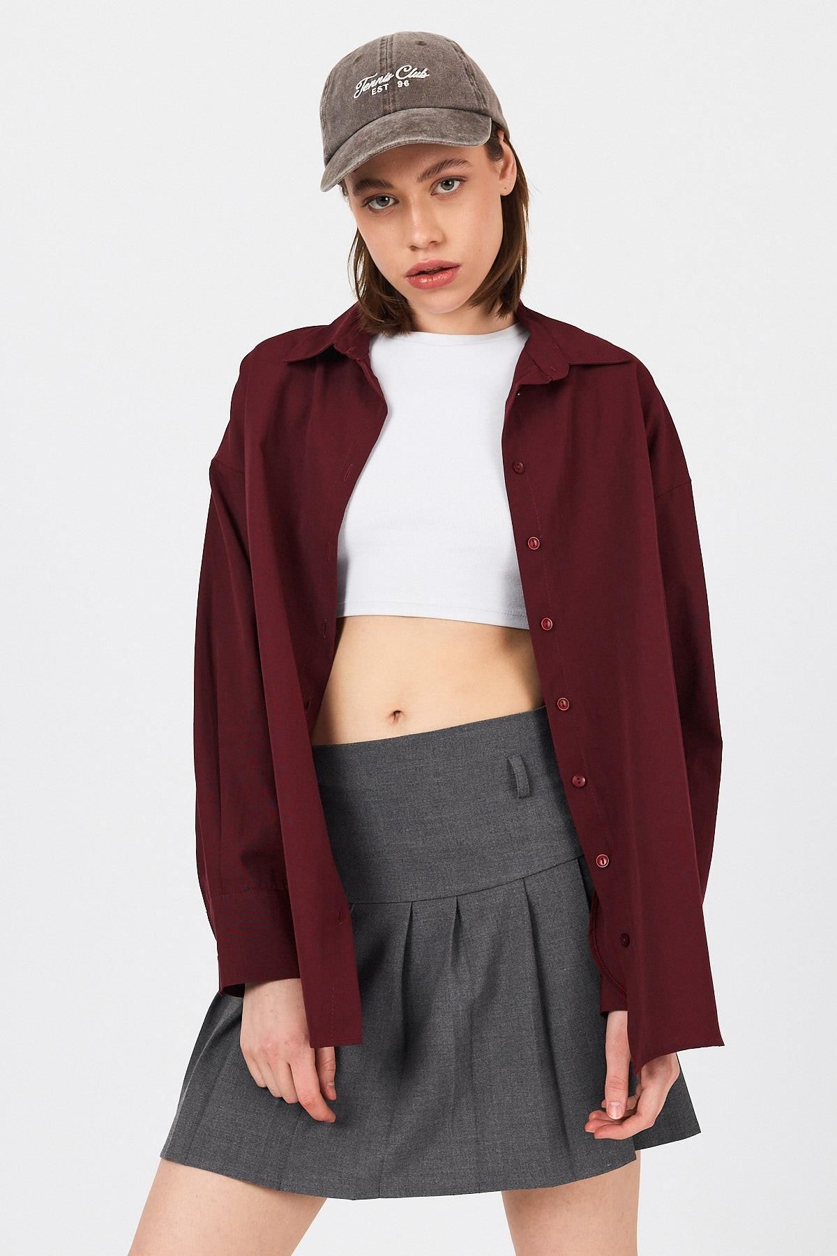 Rays Bordo Oversize Basic Uzun Gömlek 4664A