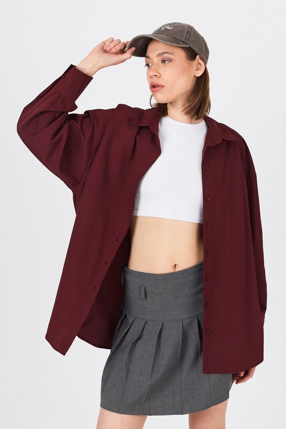 Rays-Claret Red Oversize Basic Μακρύ Πουκάμισο 4664A 7