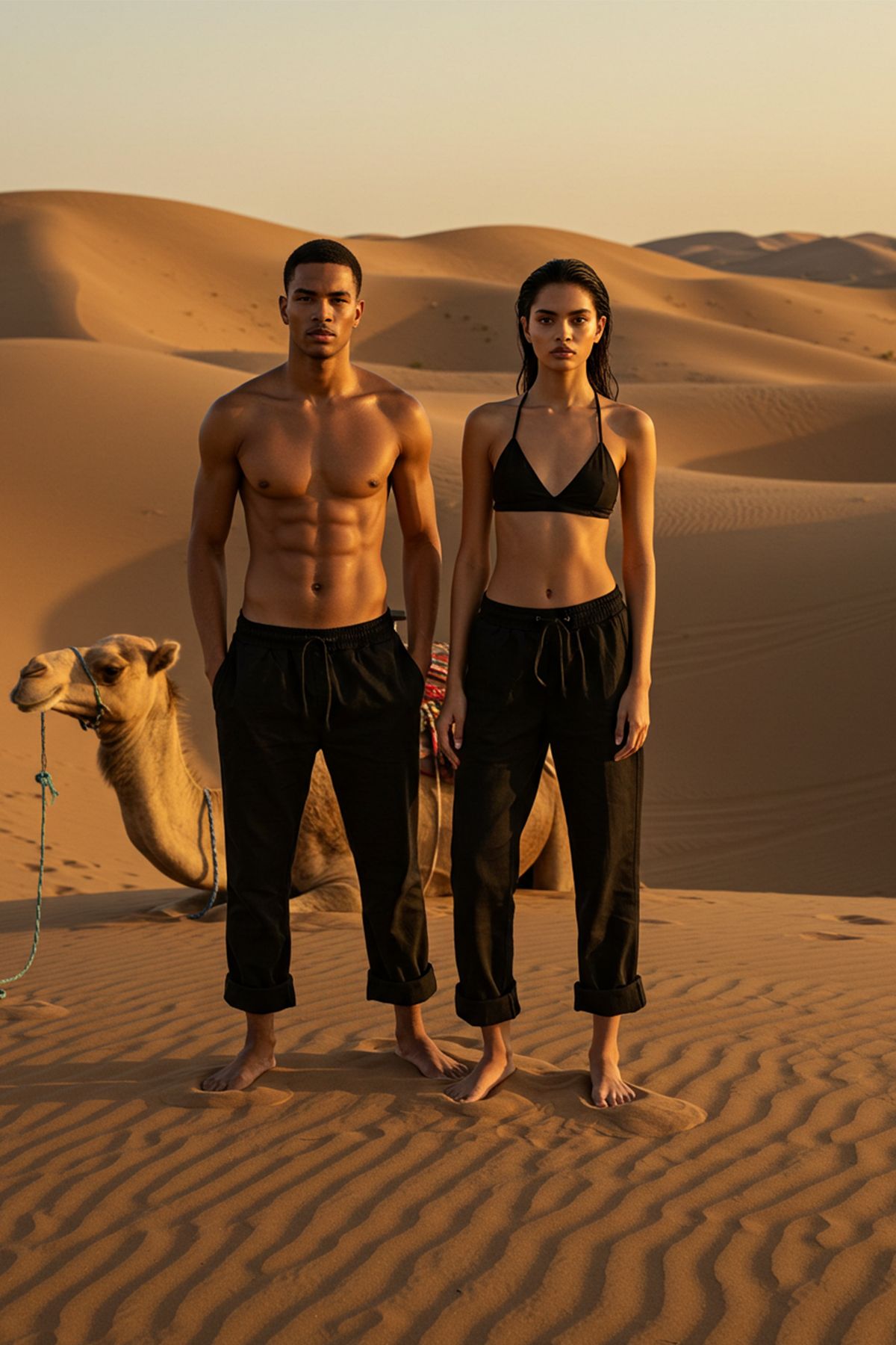 DARK AND BRIGHT Unisex Keten Pantolon Beli Lastikli Bol Paça