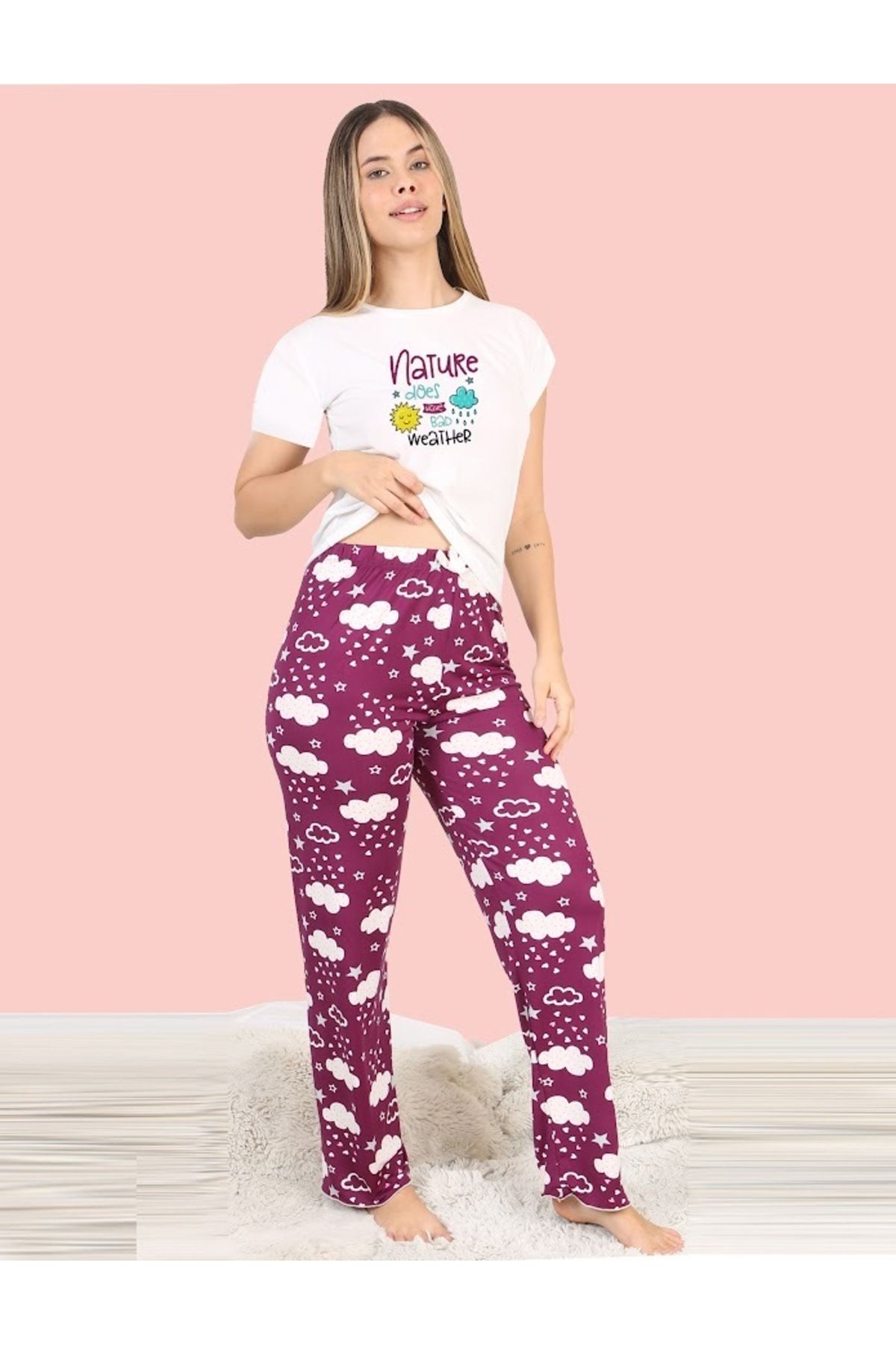 JENİKA Kadın Yazlık Kısa Kollu Fiyonk ve Dijital Baskı Detaylı Pijama Takımı