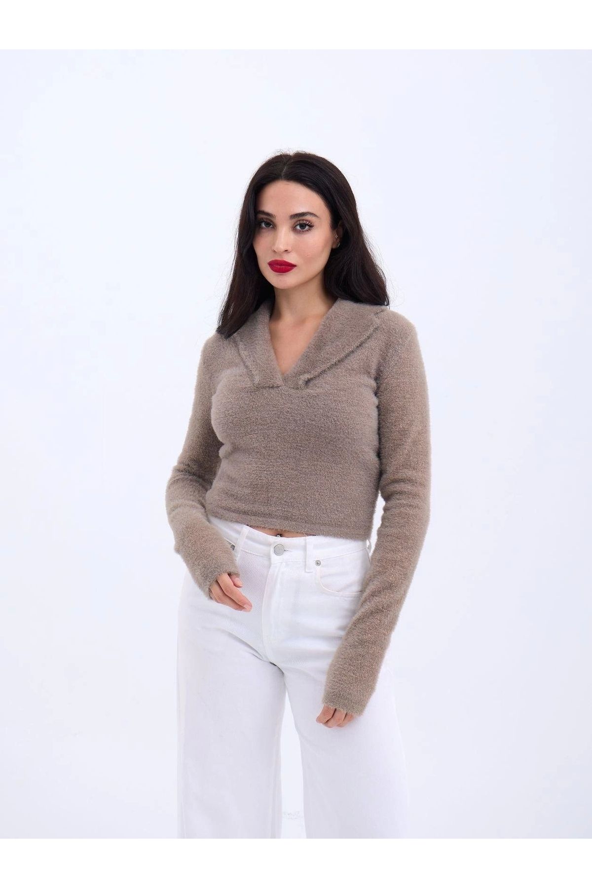 Silerra 42531 TRİKO SİMLİ YAKALI CROP-KAHVE