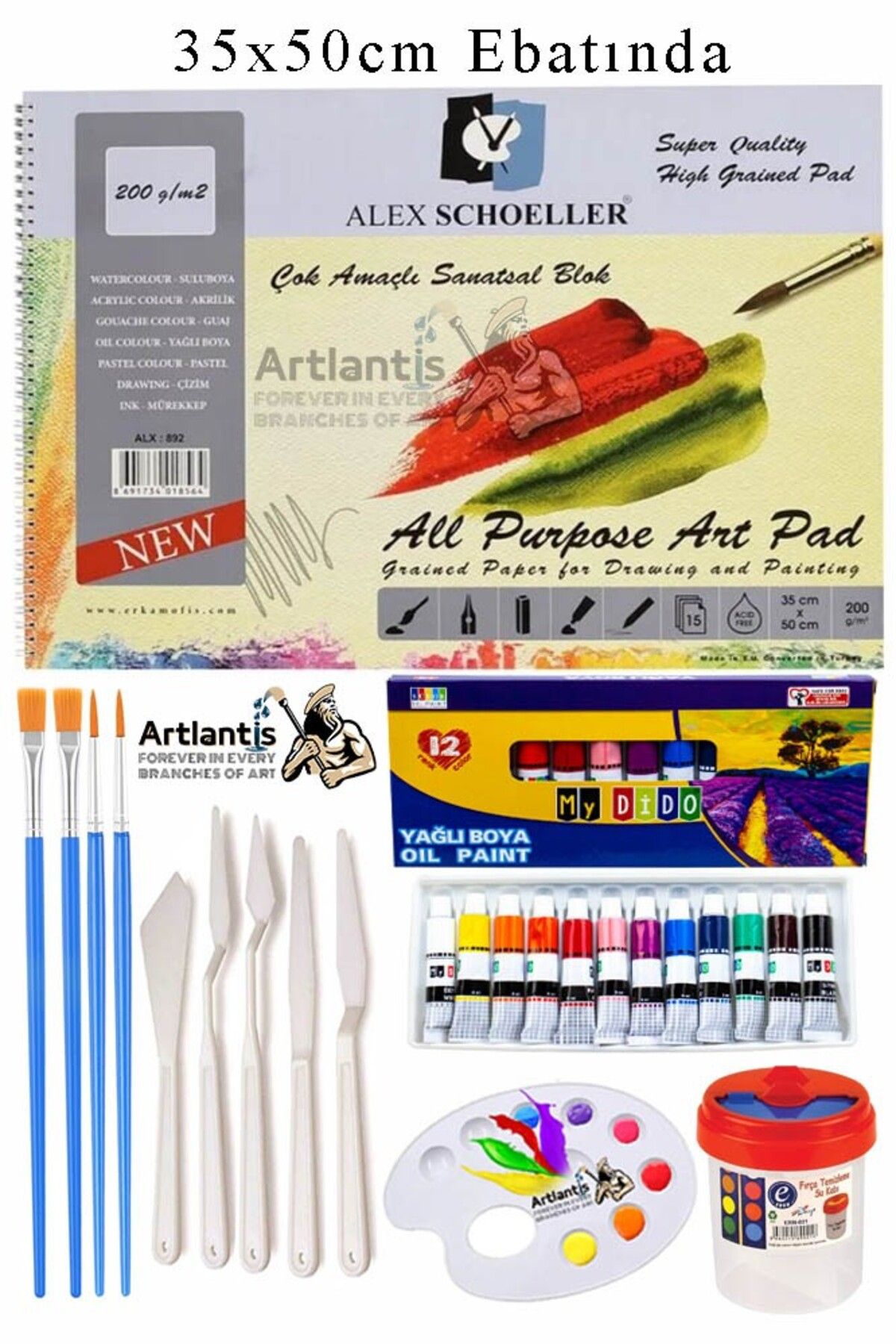 Artlantis Alex Schoeller Çok Amaçlı Sanatsal Blok 35x50 200 gr 15 Yaprak Mydido 12 Renk 12 ml Yağlı Boya Plast