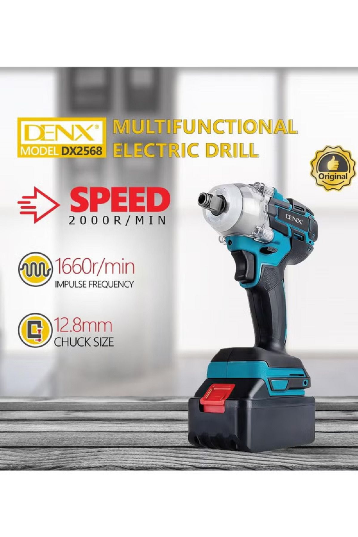 Denx-مثقاب لاسلكي بسرعة ٢٠٠٠ دورة في الدقيقة مع بطاريتين ٢١ فولت | تردد نبضي ١٦٦٠ دورة في الدقيقة | ١٢.٨ مم DX2568 4