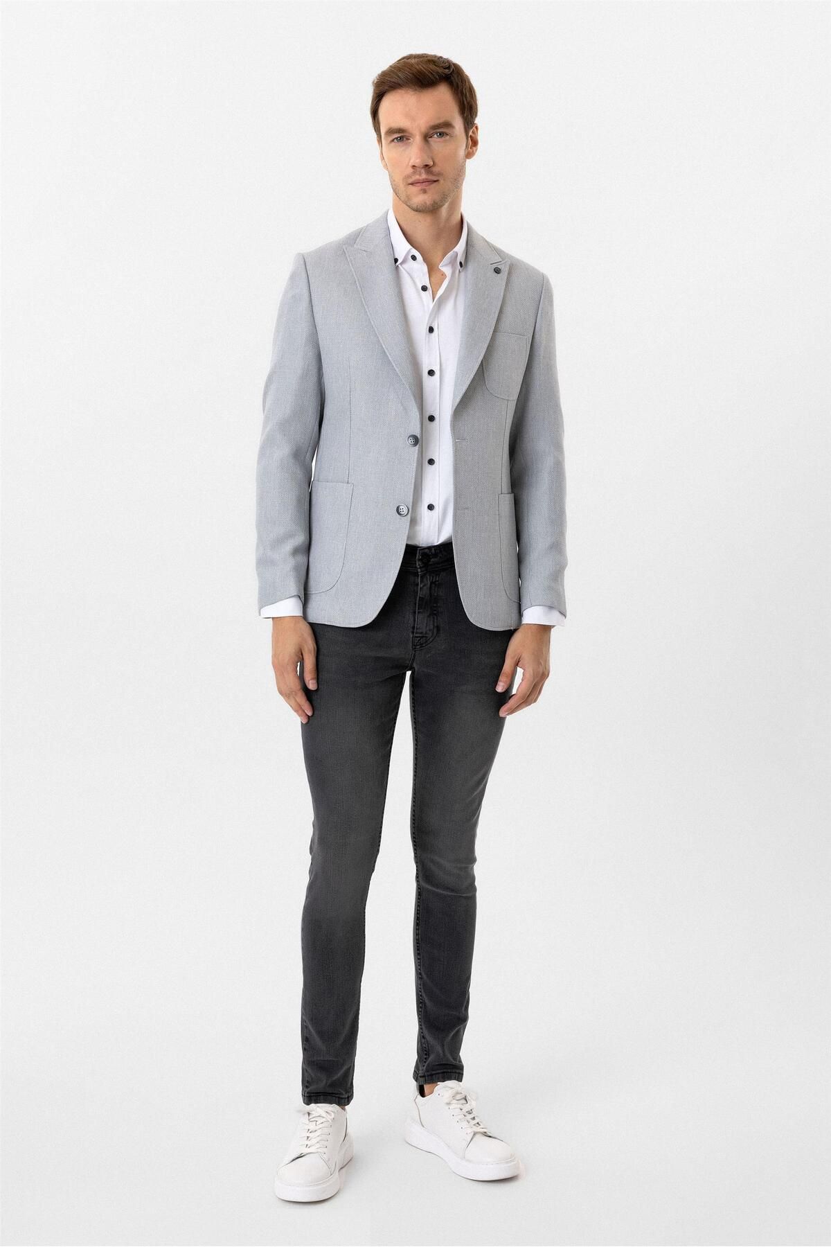 SÜVARİ-Süvari Slim Fit 6 Drop Gray Patterned Single Jacket 5