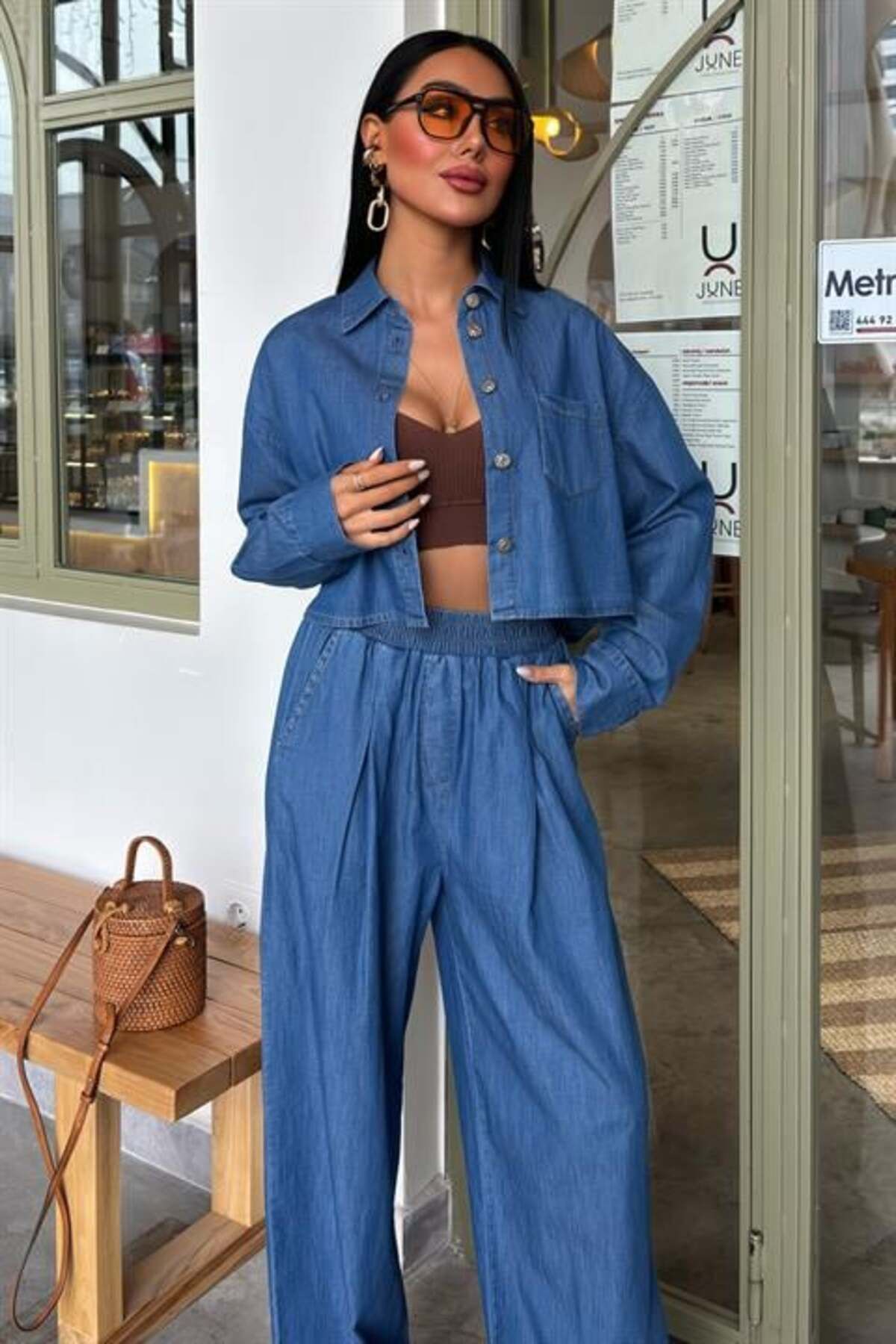 RICHMOST Gömlek Yakalı Uzun Kollu Kadın Kot Gömlek ve Plazzo Pantolon Takım (2 Parça) Orta Mavi Denim