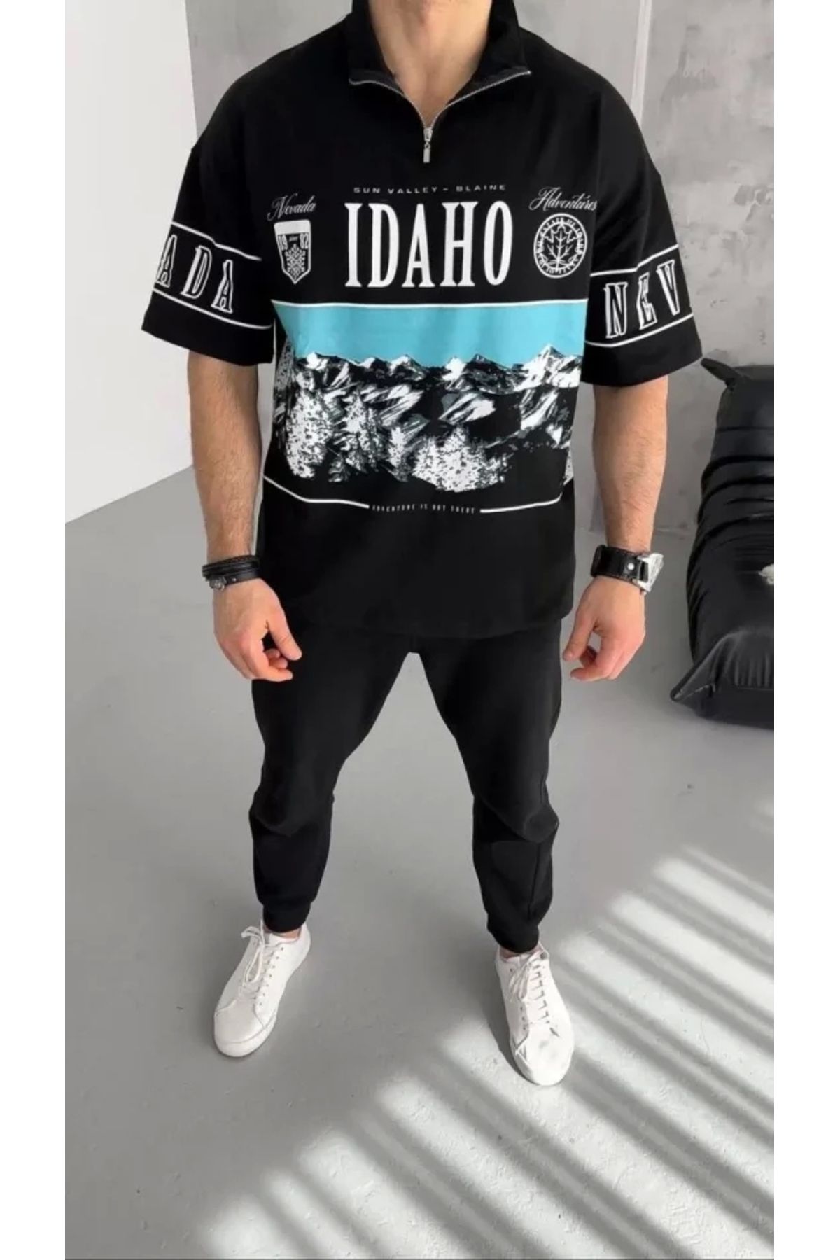 Silerra Unisex Baskılı Yarım Fermuarlı T-Shirt - Siyah