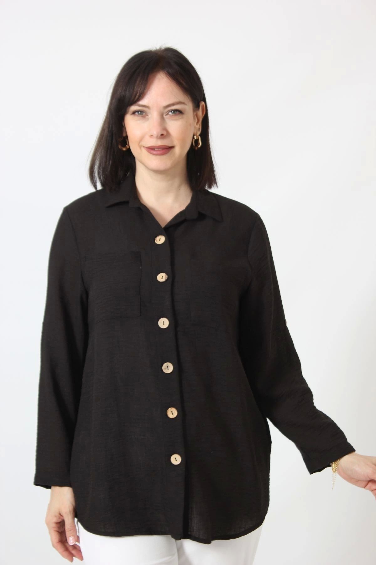 Moda Berray SB-077 SİYAH PAMUK KETEN KOLU APOLETLİ İKİ CEPLİ KADIN BÜYÜK BEDEN GÖMLEK