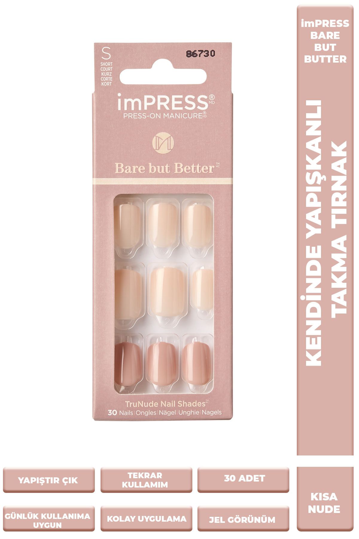 Impress Kendinden Yapışkanlı Takma Tırnak Kısa Nude Kahverengi