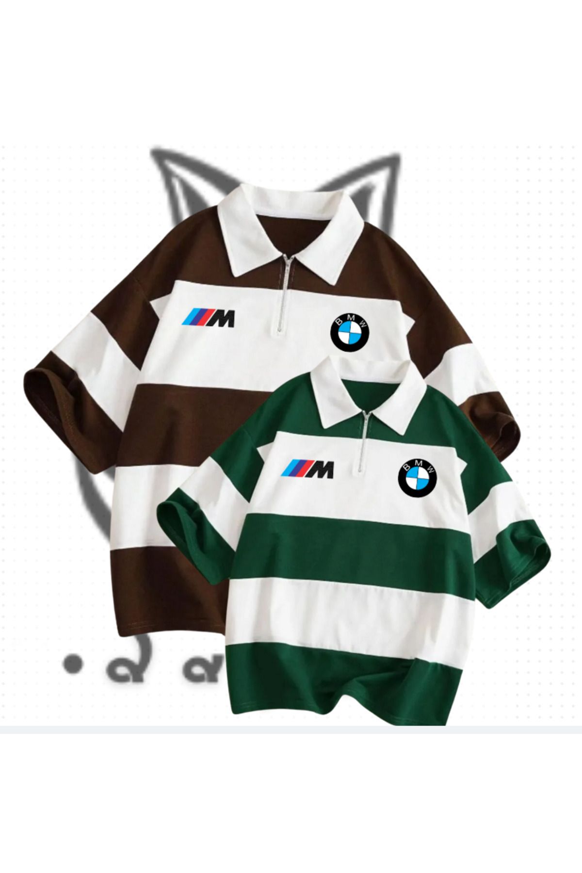 DAPHN Yeni Sezon Unisex Erkek Kadın BMW M3 Baskılı Polo Yakalı Fermuarlı Oversize T-shirt İkili (2'li) Set