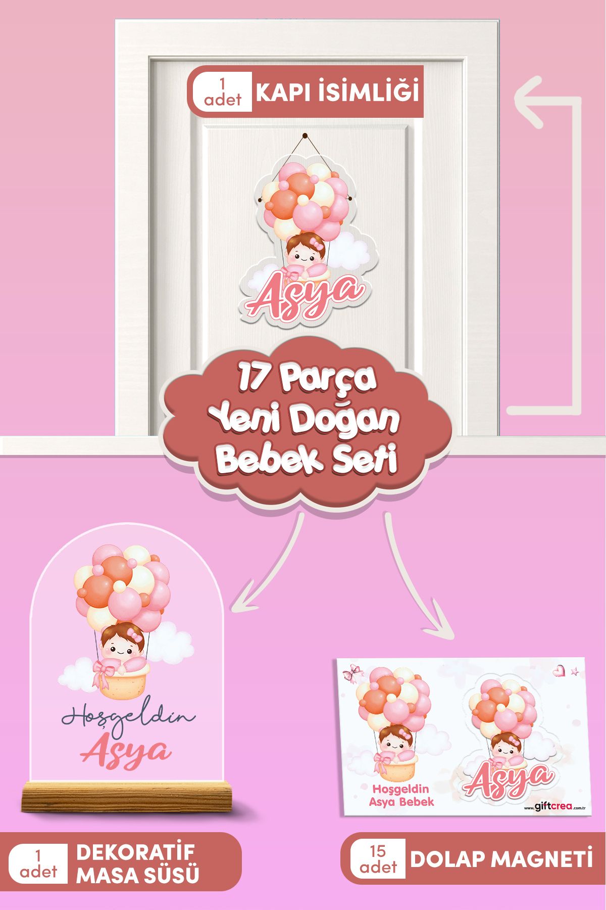giftcrea Kişiye Özel Renkli Balon Temalı 17 Parça Yenidoğan Süs Seti - Kapı Süsü, Masa Süsü, Magnet