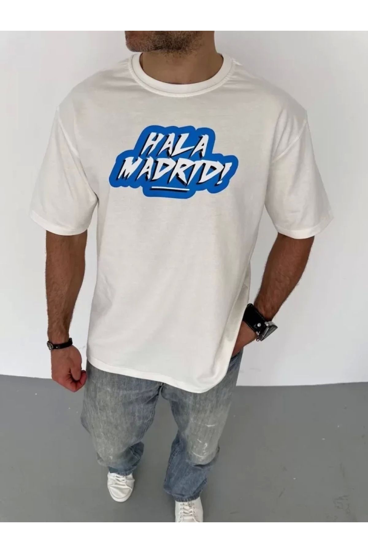 Silerra Unisex Bisiklet Yaka Baskılı Oversize T-Shirt - Beyaz