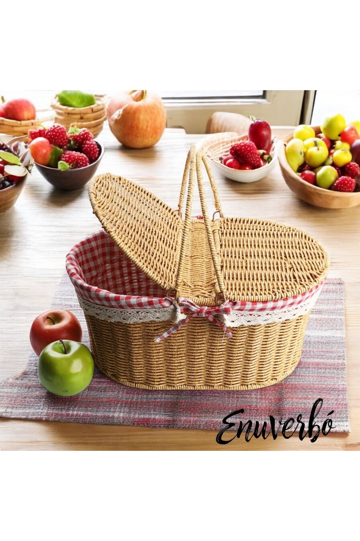Enuverbi Kosova Rattan Hasır Oval Piknik Sepeti 39cm - Bej