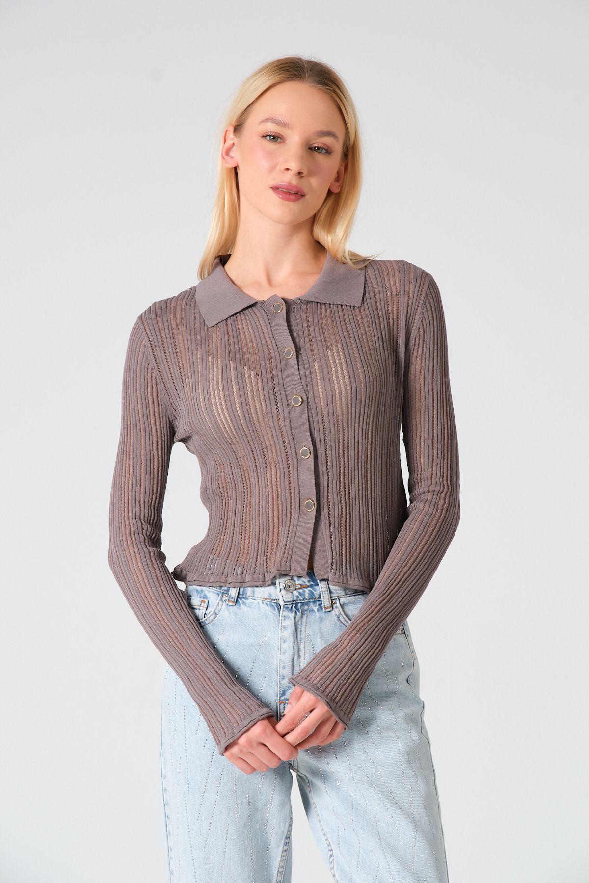 S'amore Clothing Transparan Polo Yaka Düğmeli Hırka