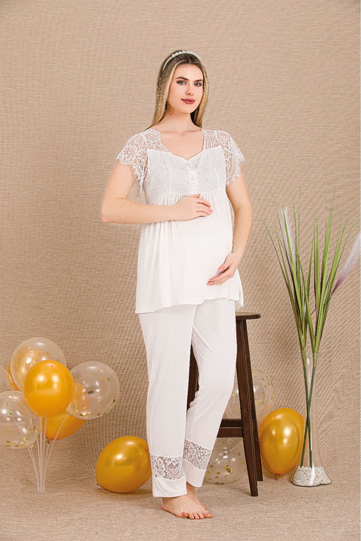 Lady Lingerie Düğme Yakalı Kısa Kollu Dantel Detaylı Lohusa-Hamile Pijama Takımı
