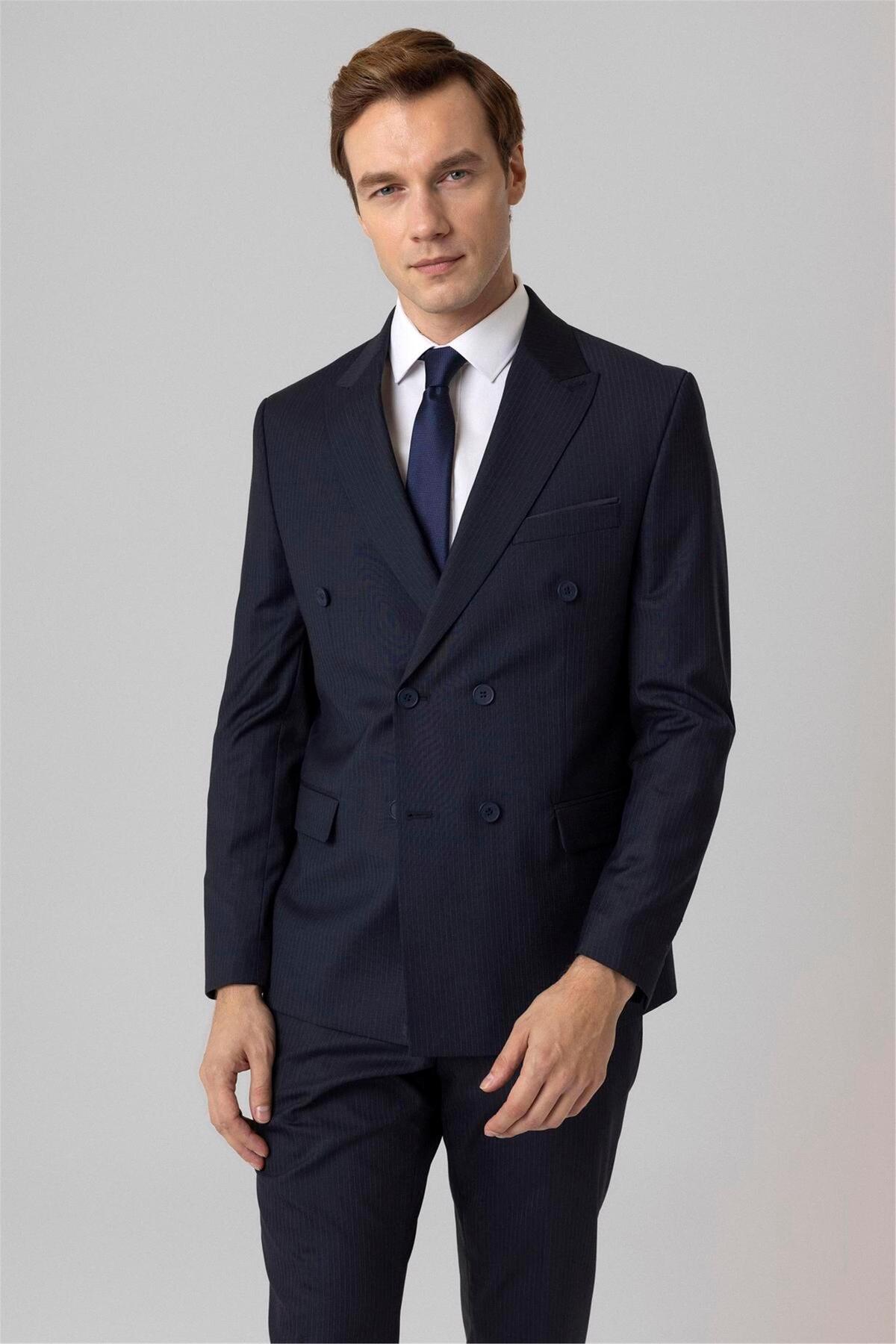Navy Blue Slim Fit Patterned Pointed Collar 6 Drop Classic Suit