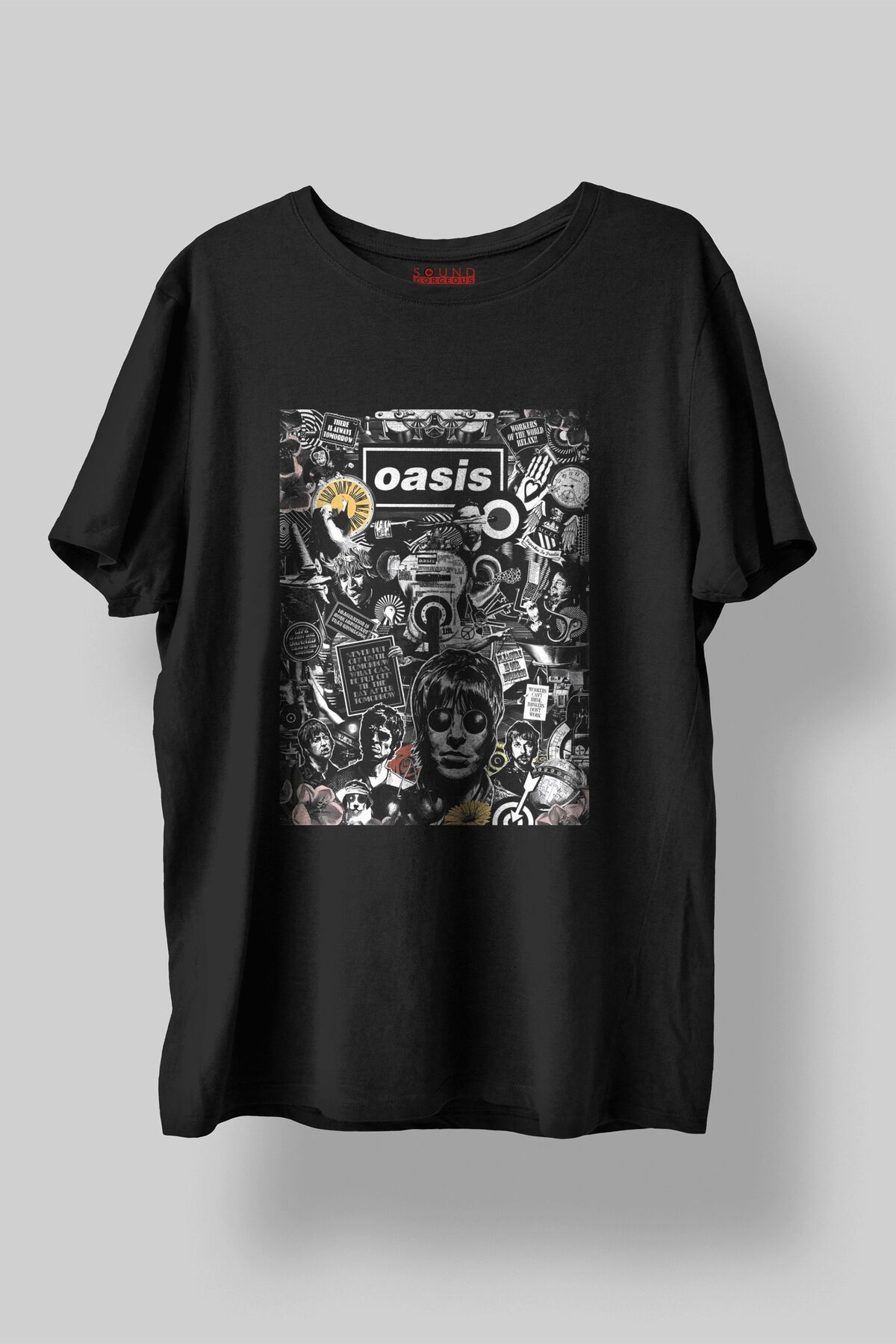 Sound Gorgeous Oasis Müzik Tasarımlı Baskılı Regular Fit Unisex Siyah T-Shirt %100 Pamuk Rahat Kalıp Tişört No:0266