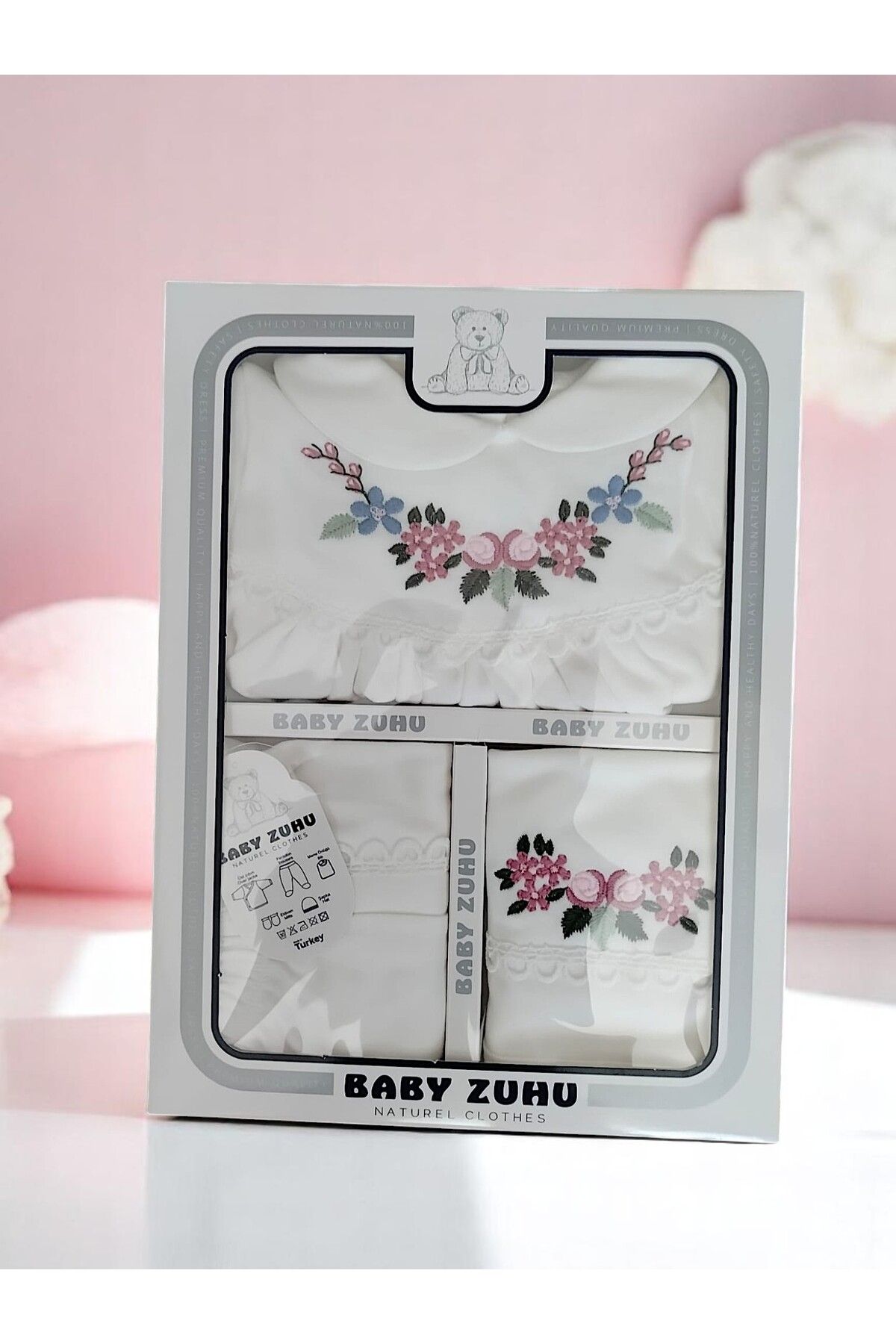 MİLAYS LİFE HOME COLLECTİON yenidoğan kız bebek 5 li hastane çıkışı önlüklü zıbın takımı %100 pamuk