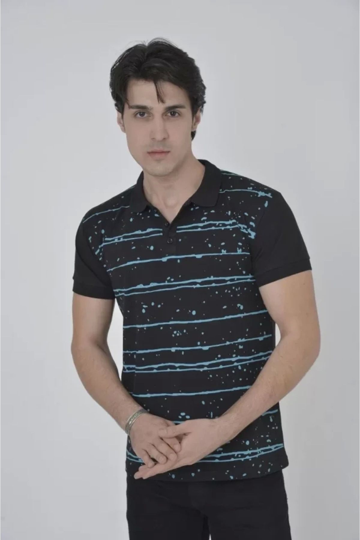 Silerra Erkek Yakalı Slim Fit Pike Çizgili T-Shirt - Siyah