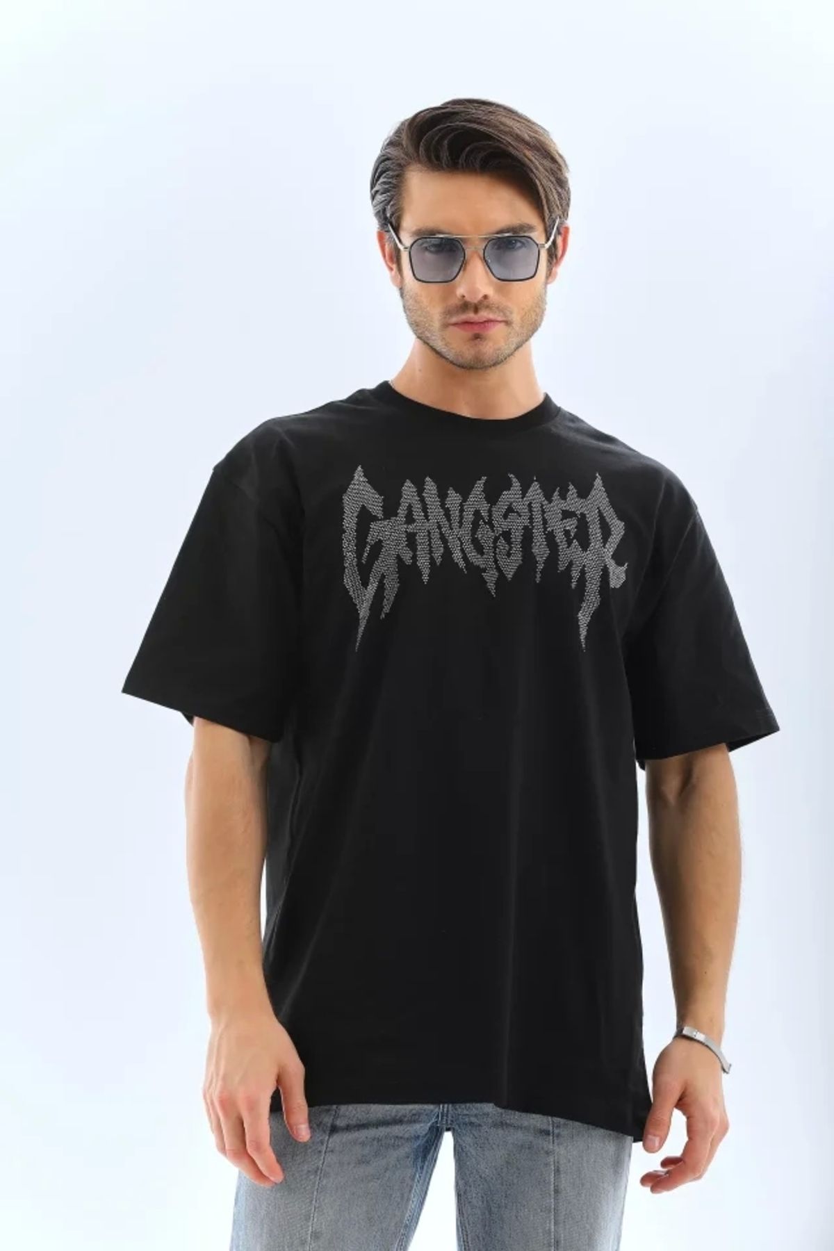 Silerra Unisex Oversize Taşlı Bisiklet Yaka T-Shirt - Siyah