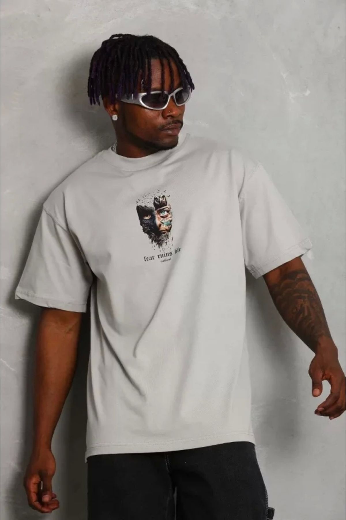 Silerra Unisex Oversize Baskılı Bisiklet Yaka T-Shirt - Gri