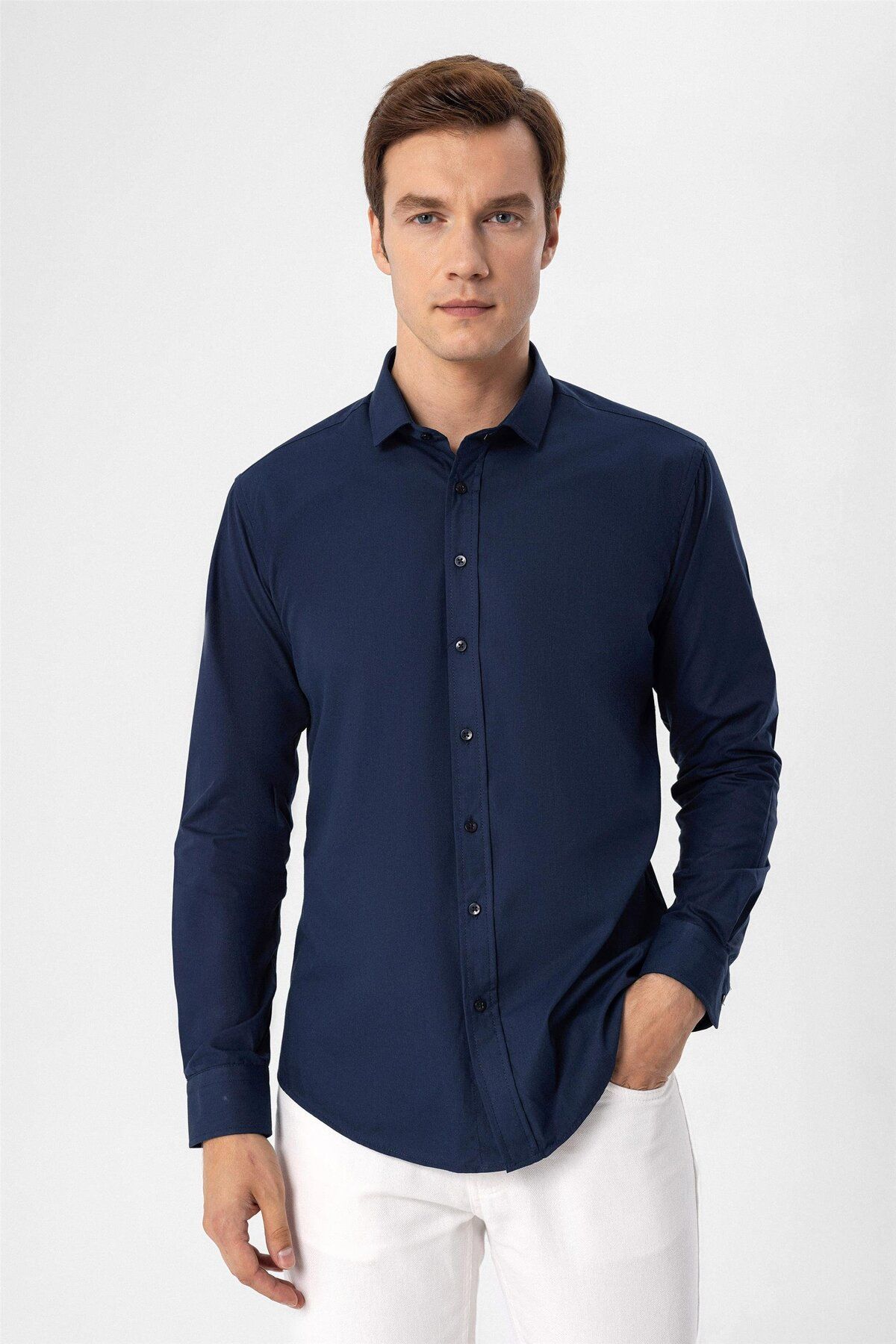 SÜVARİ Süvari Slim Fit Kolay Ütü Teri Emen Nefes Alan Kravatlık Dört Mevsim Erkek Gömlek
