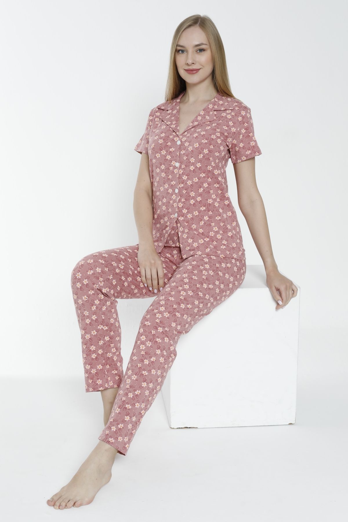 JENİKA Kadın Yazlık Kısa Kollu Gömlek Yaka Desenli Pamuklu Pijama Takımı