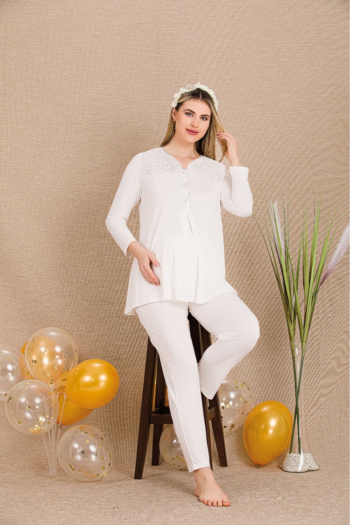 Lady Lingerie Uzun Kollu,Düğme Yakalı Lohusa-Hamile Pijama Takımı