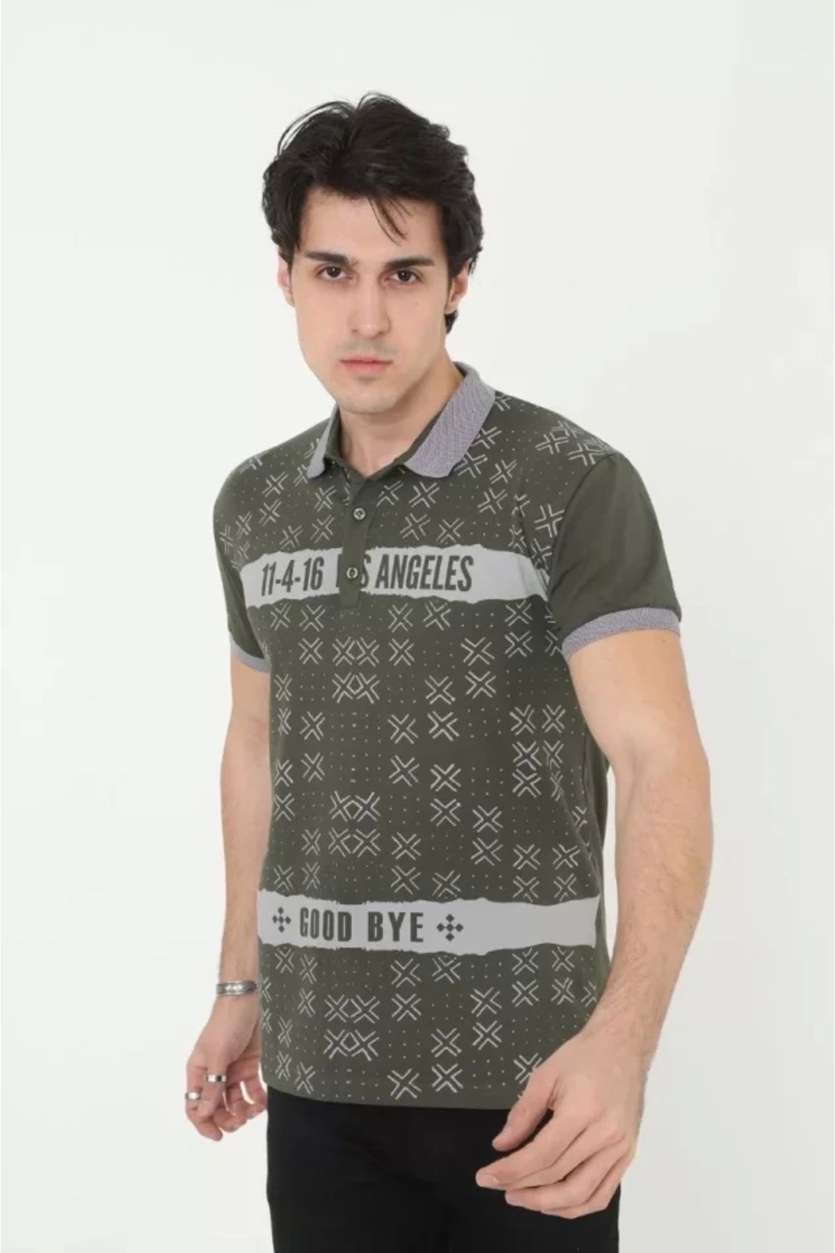 Silerra Erkek Yakalı Slim Fit Baskılı T-Shirt - Haki