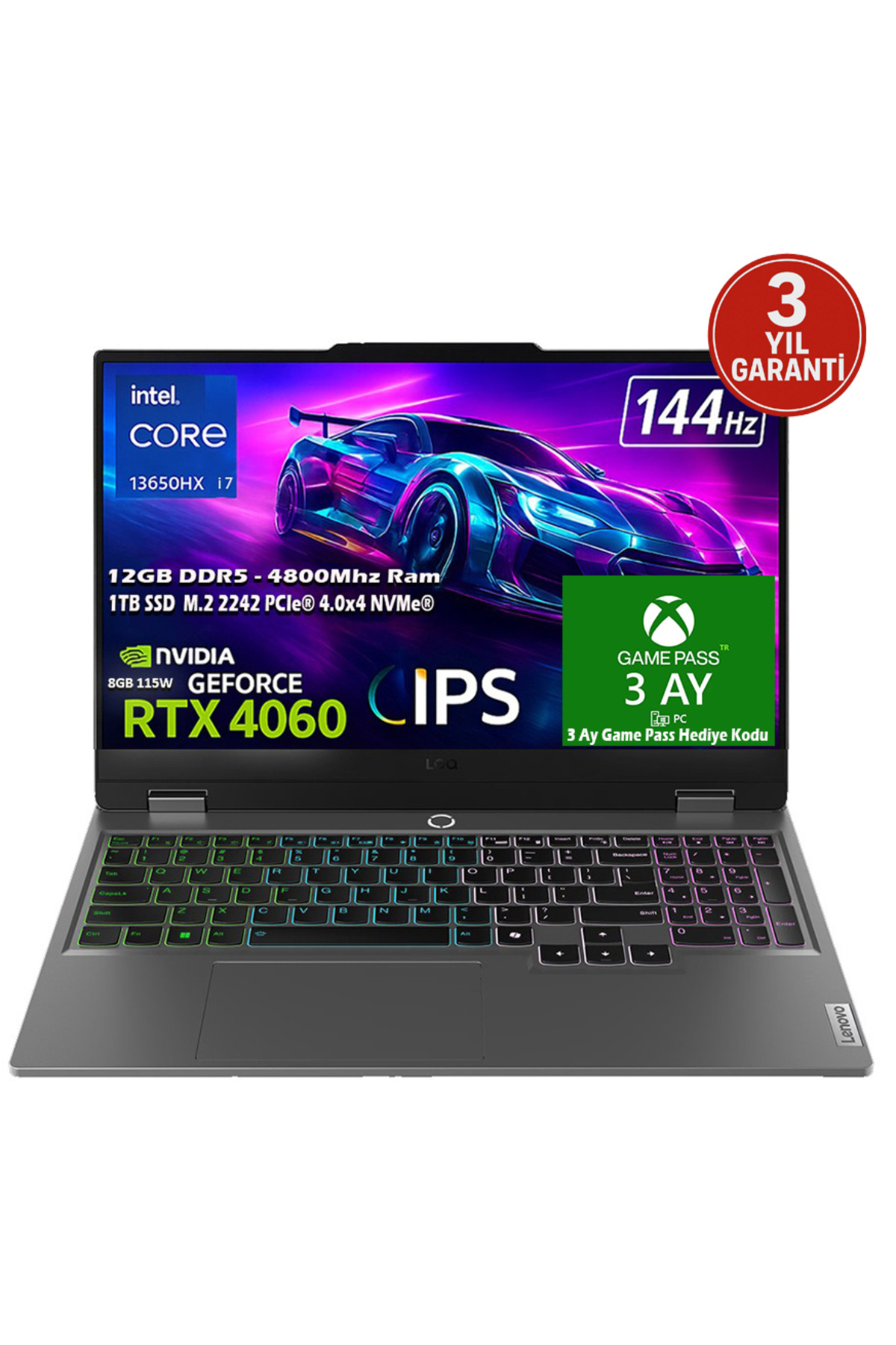 LOQ 15IRX9 Intel Core i7-13650HX 12GB 1TB SSD 8GB GeForce RTX 4060 15.6" FHD IPS Freedos 83DV011GTR