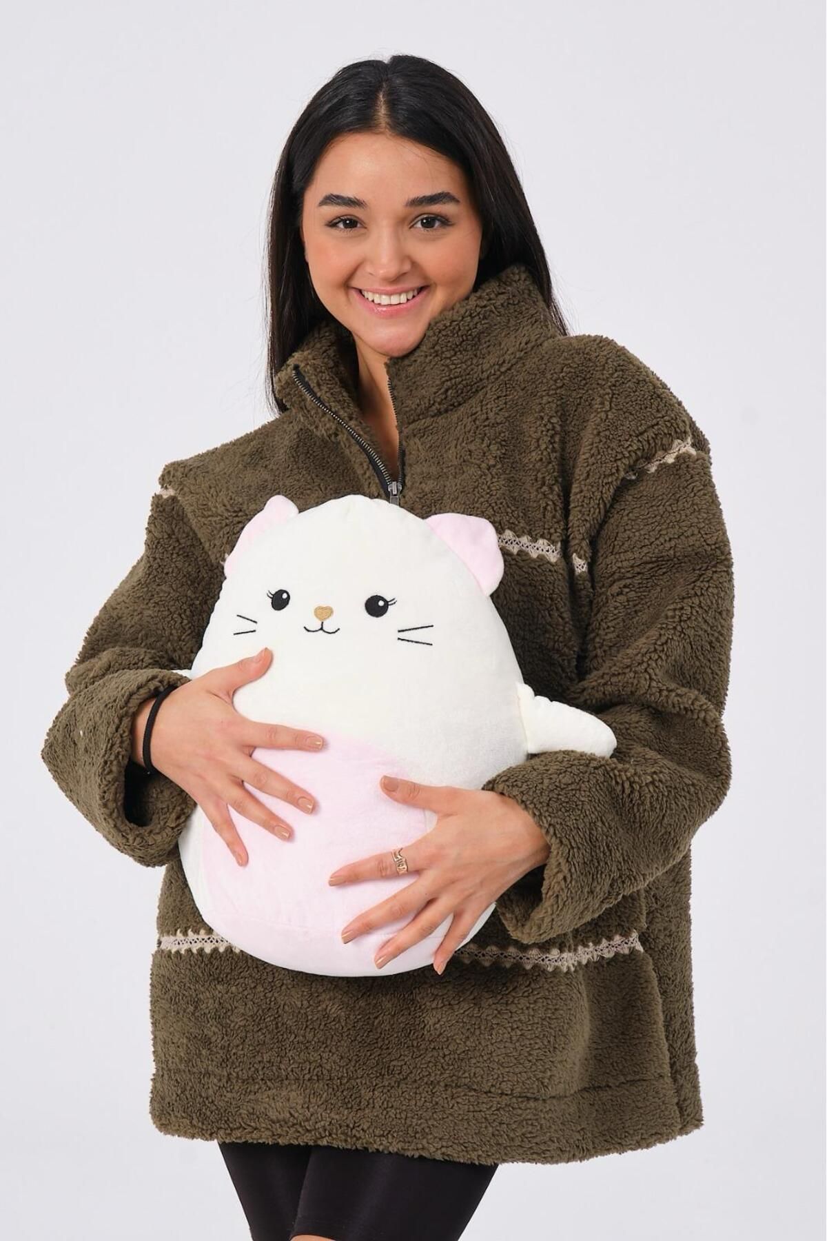 peluş Sevimli Kedi Peluş Yastık - Pembe Göbekli