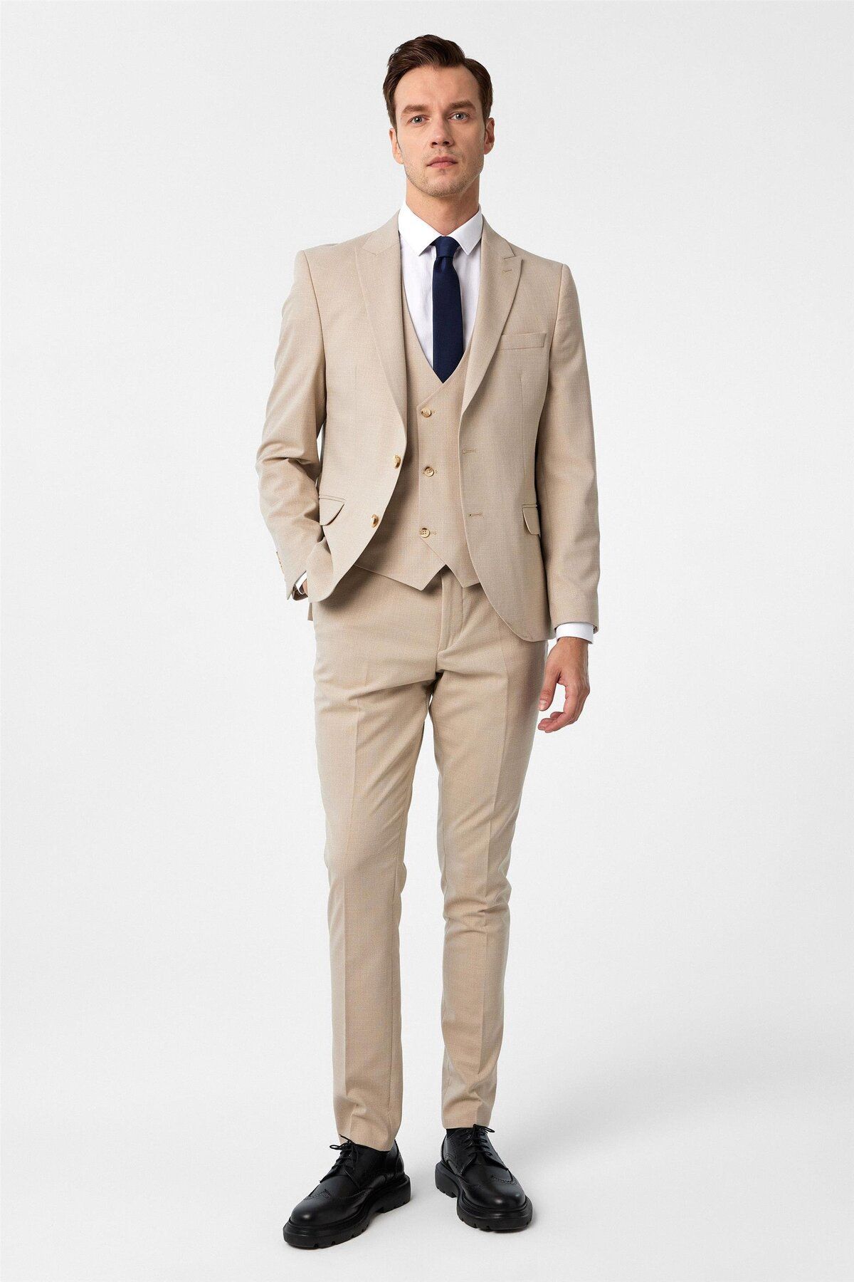 SÜVARİ Bej Slim Fit Desenli Sivri Yaka 6 Drop Yelekli Klasik Takım Elbise