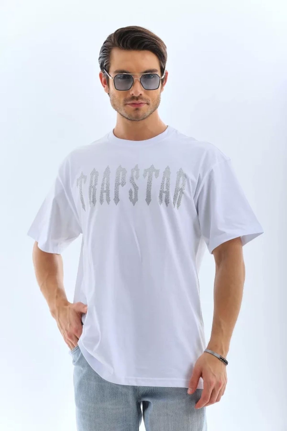 Silerra Unisex Oversize Taşlı Bisiklet Yaka T-Shirt - Beyaz