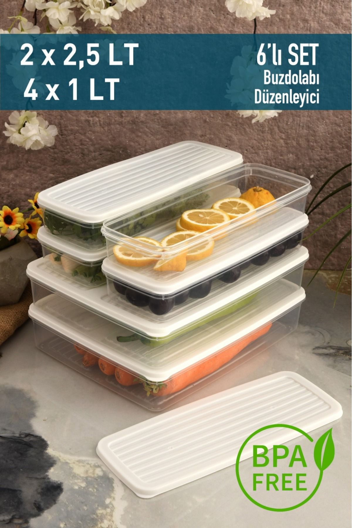 Leila 6 ADET Kapaklı Saklama Kabı, Buzdolabı Organizer Mikrodalga Ve Difrize Uygun 9LT
