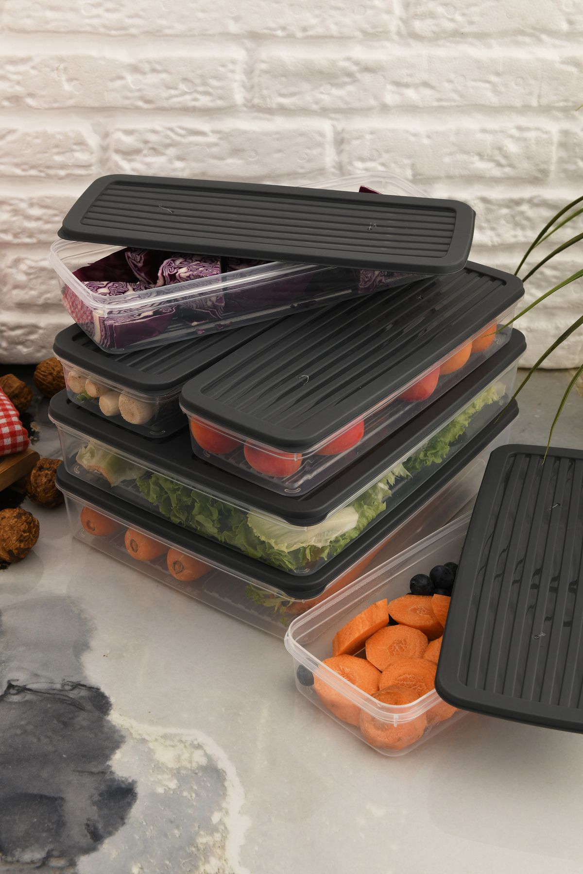 Leila-6 Pcs Anthracite Lid Storage Container, Suitable for Refrigerator Organizer Microwave and Freeze 9Lt 2