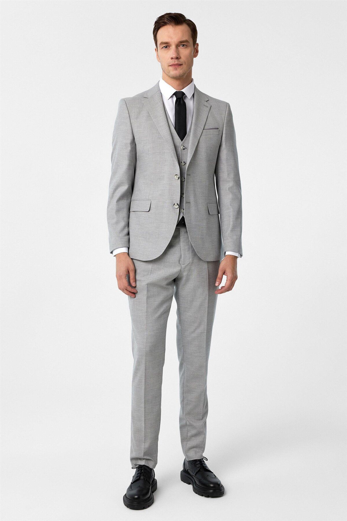 SÜVARİ Gri Slim Fit Desenli Mono Yaka 6 Drop Yelekli Klasik Takım Elbise