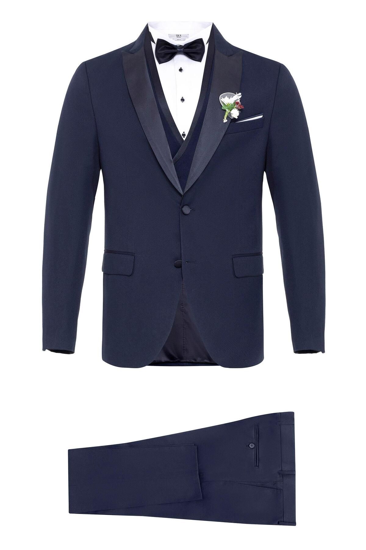 SÜVARİ Lacivert Slim Fit Armürlü Sivri Yaka 6 Drop Smokin & Damatlık