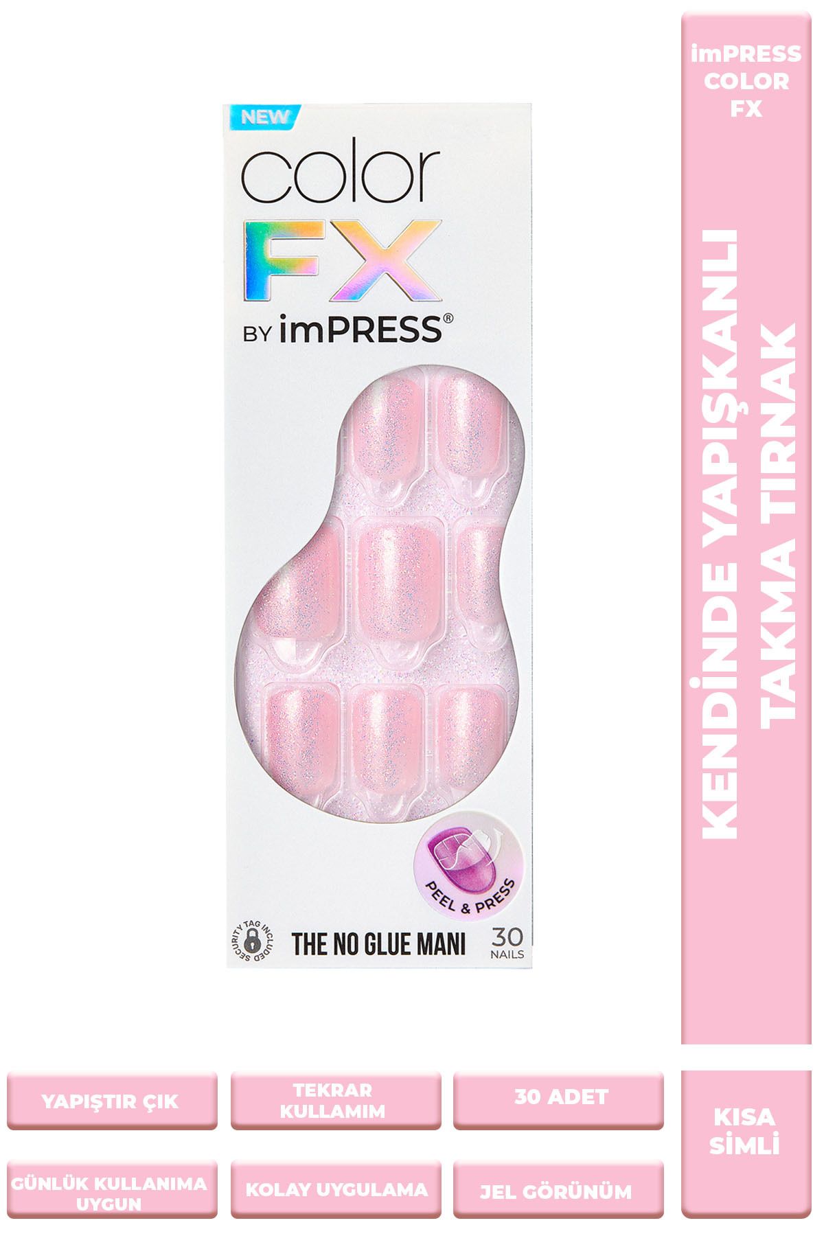 Impress Color FX Kendinden Yapışkanlı Takma Tırnak Kısa Pembe Simli