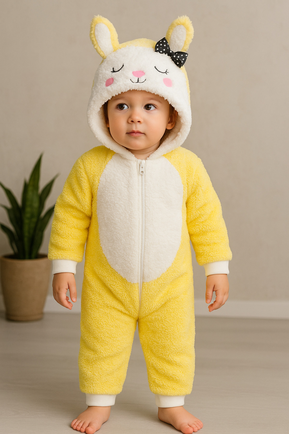 MiniStand Kız Bebek Kedili Fiyonklu Sarı Yumuşacık Peluş Tulum fotoğrafı 4 (önizleme)