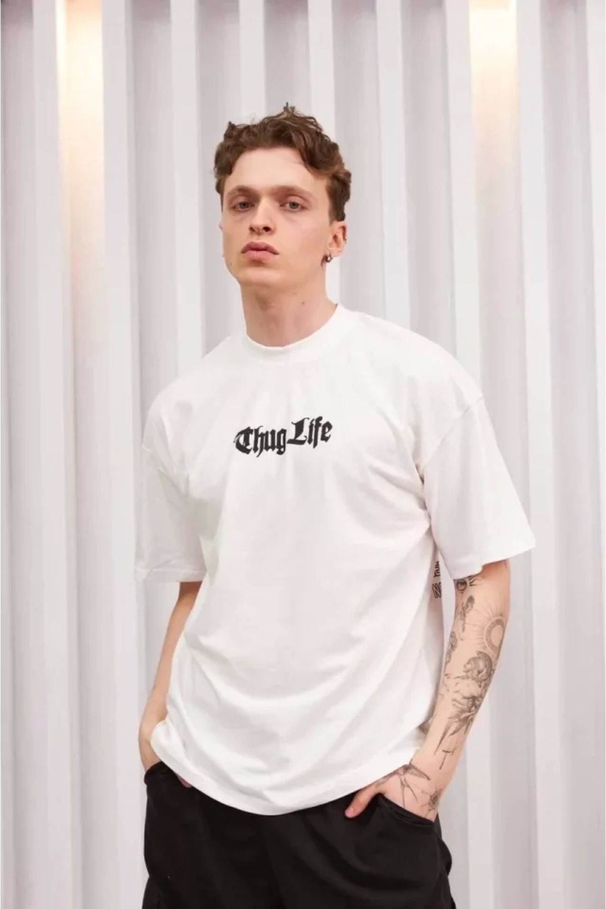 Silerra Unisex Bisiklet Yaka Baskılı Oversize T-Shirt - Beyaz