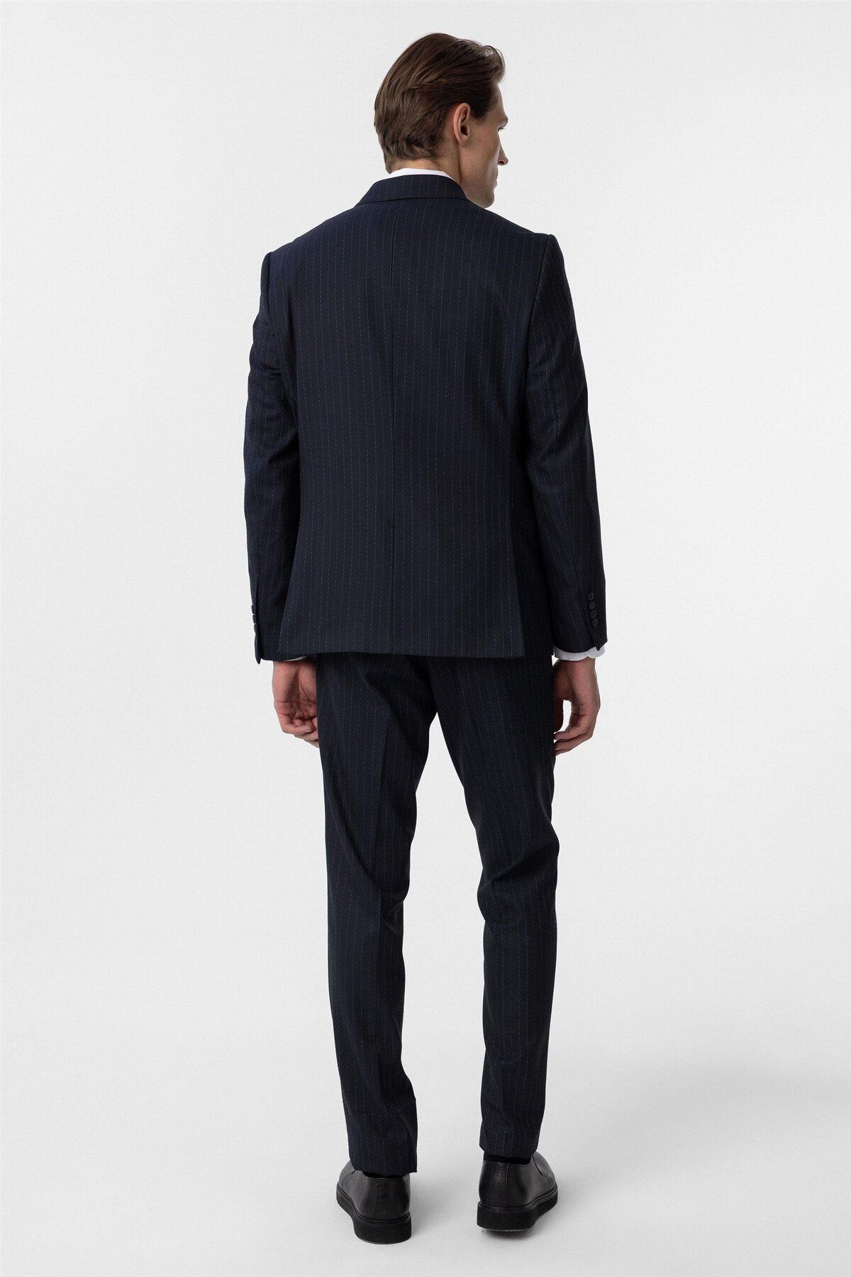 SÜVARİ-Süvari Slim Fit Navy Blue Double Breasted Striped Suit 7