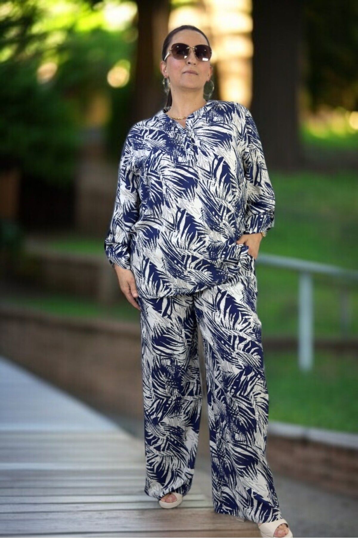yagmurberen-Palm Print Front Half Buttoned Judge Collar Bluzel Belt Elastic Waist Trousers Large Size Double Set 3