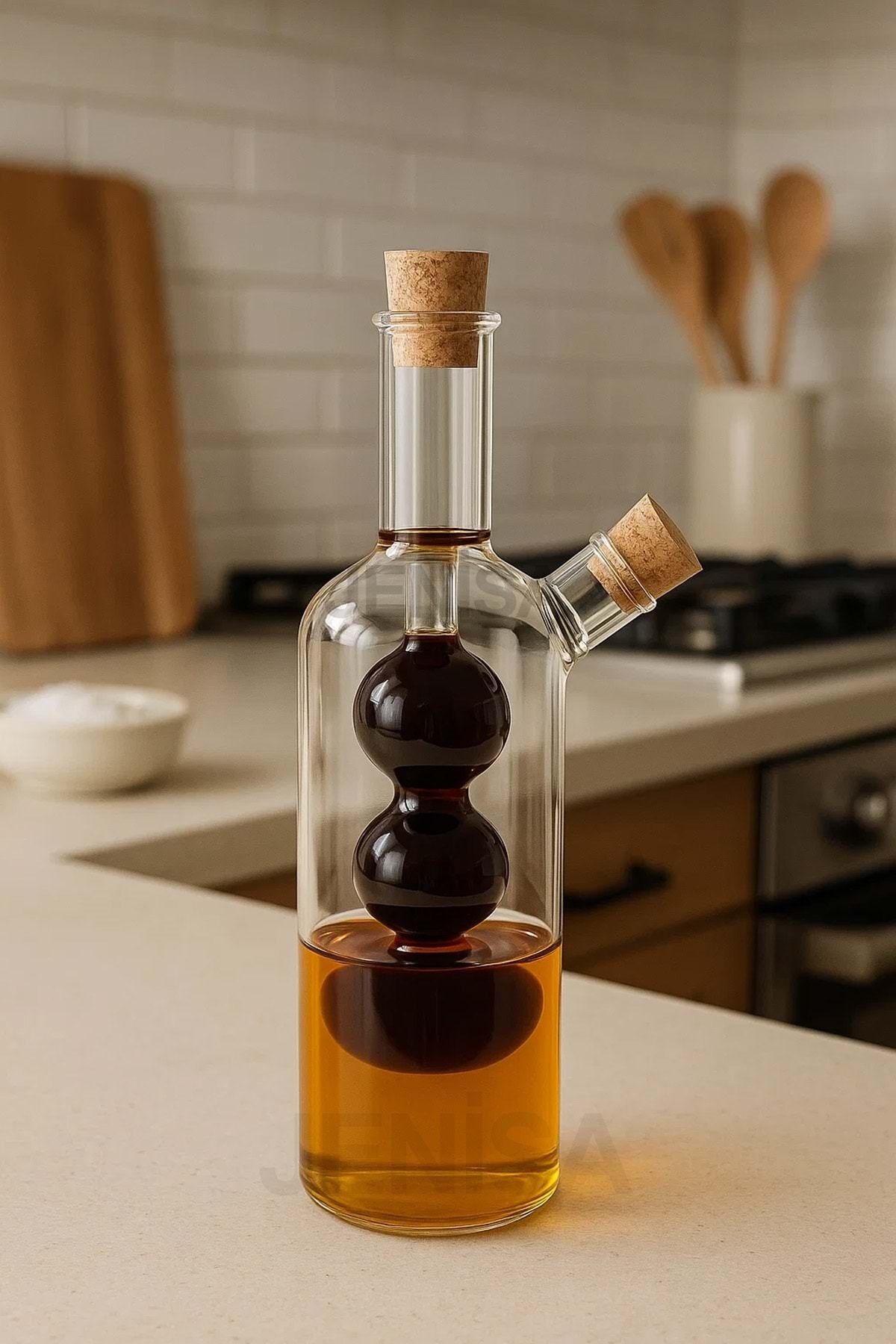 Jenisa Üç Bölmeli Çift Hazneli Cam Yağdanlık & Sirkelik – 260 ml Zarif Tasarım